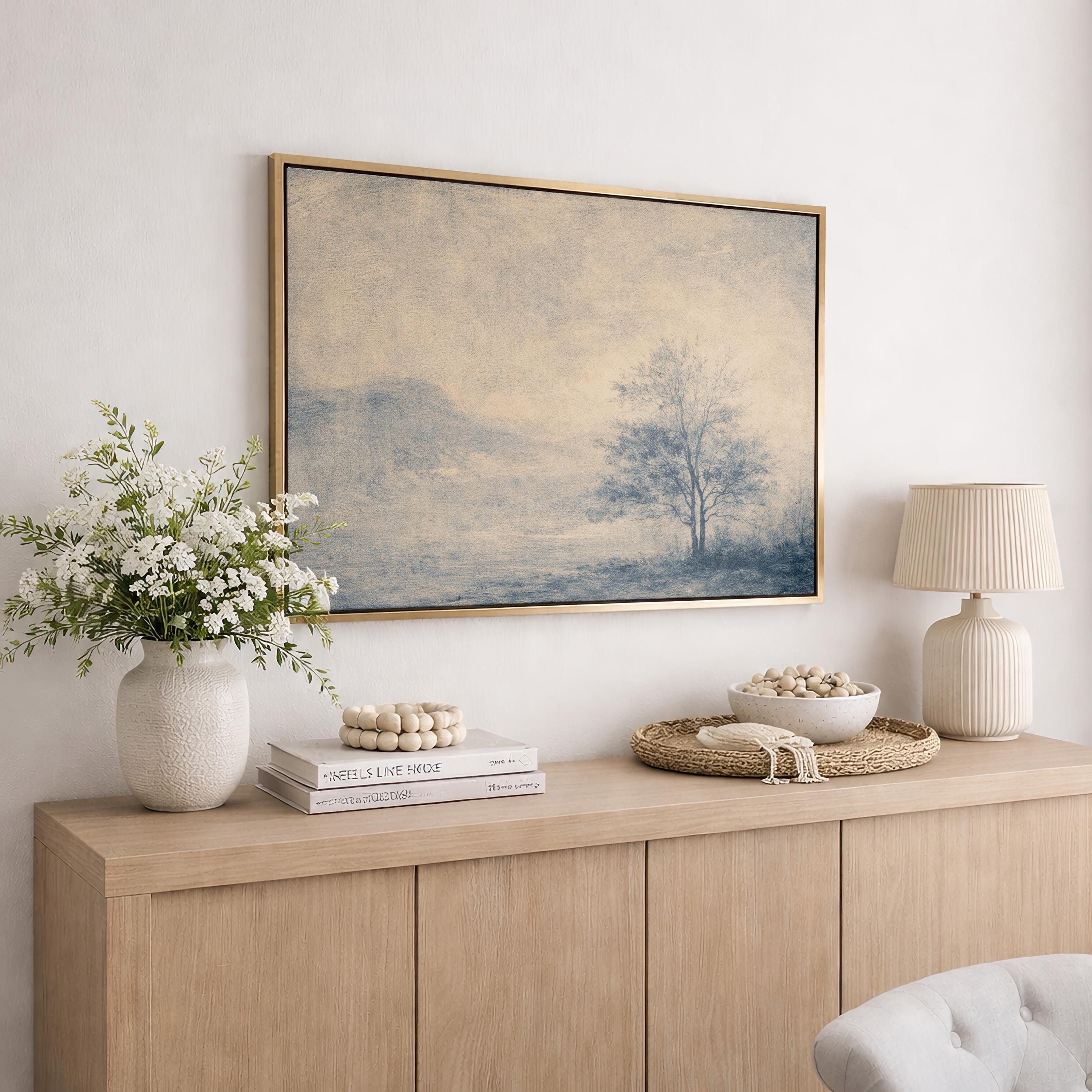 Blue Landscape Wall Art, Minimalist Tree Print, Neutral Living Room Decor, FG436