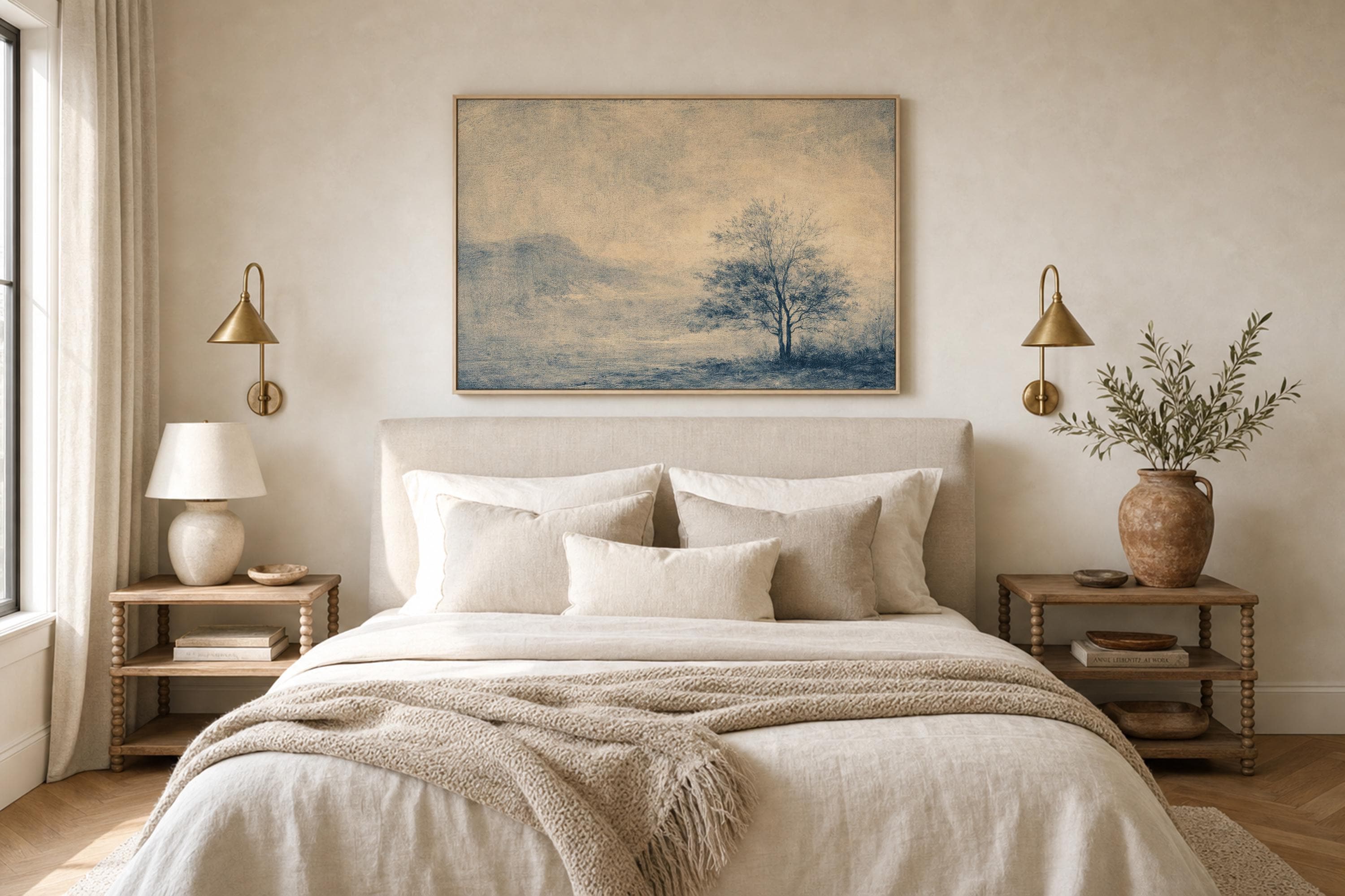 Blue Landscape Wall Art, Minimalist Tree Print, Neutral Living Room Decor, FG436