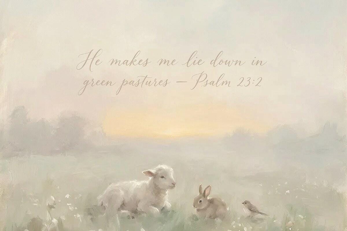 Christian Nursery Wall Art | Psalm 23:2 Print | Lamb and Bunny Nursery Decor | Faith Based Baby Room Art | W0193