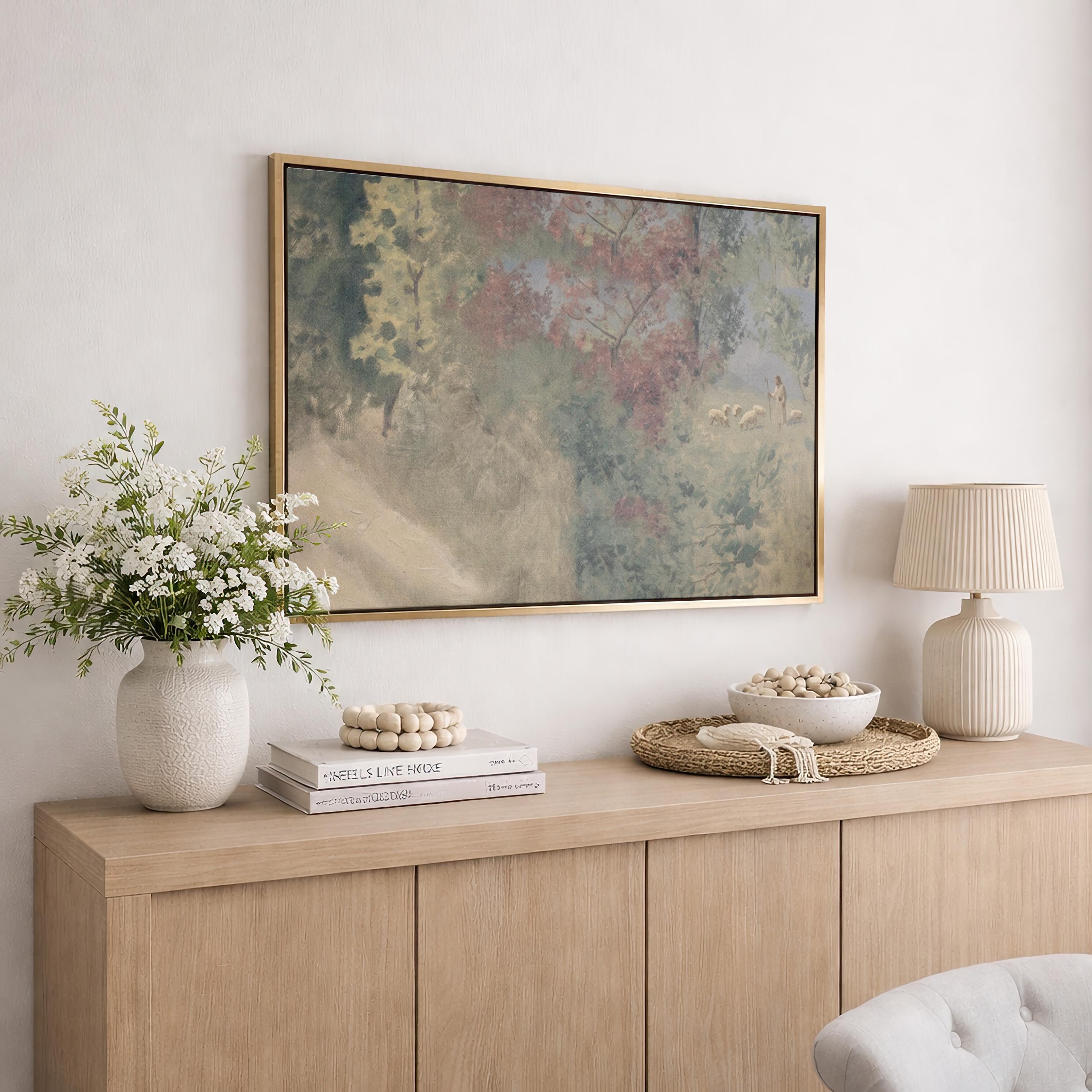 Jesus in the Meadow Print | Shepherd and Sheep Artwork | Quiet Faith Wall Decor | Psalm 23 Inspired Christian Landscape | S0027