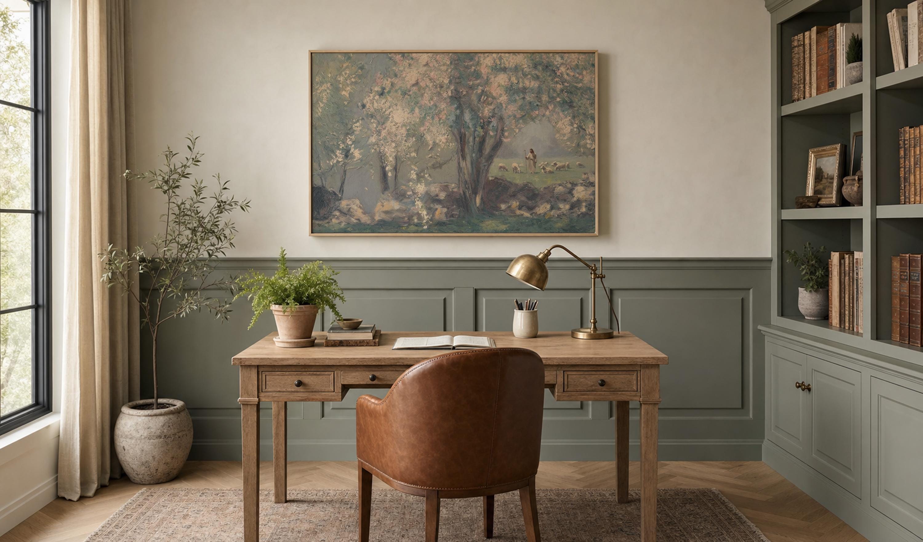 Jesus Among the Sheep Print | Good Shepherd Christian Wall Art | Peaceful Biblical Landscape Painting | S0037