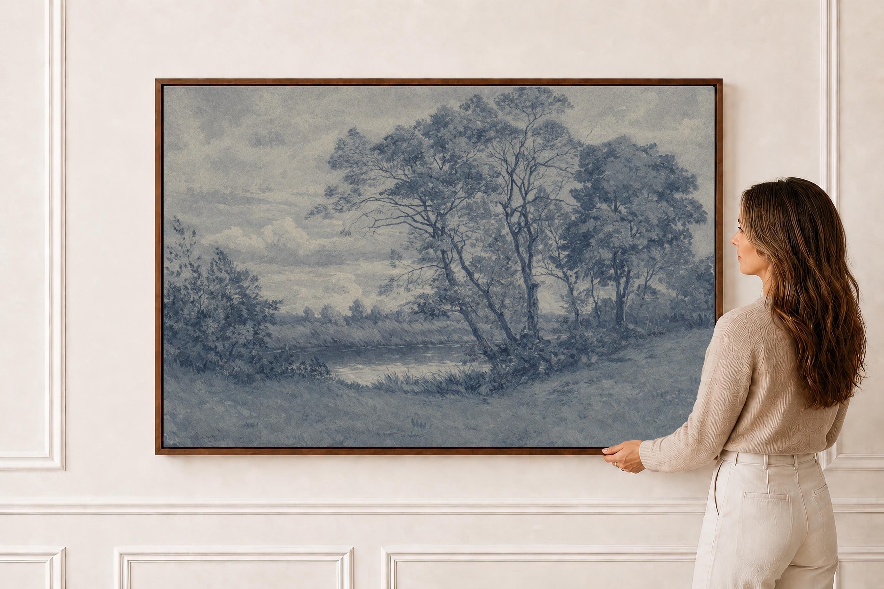 Blue Landscape Wall Art – Vintage Pastoral River Print – Antique European Countryside Decor – French Country Cottage Wall Art