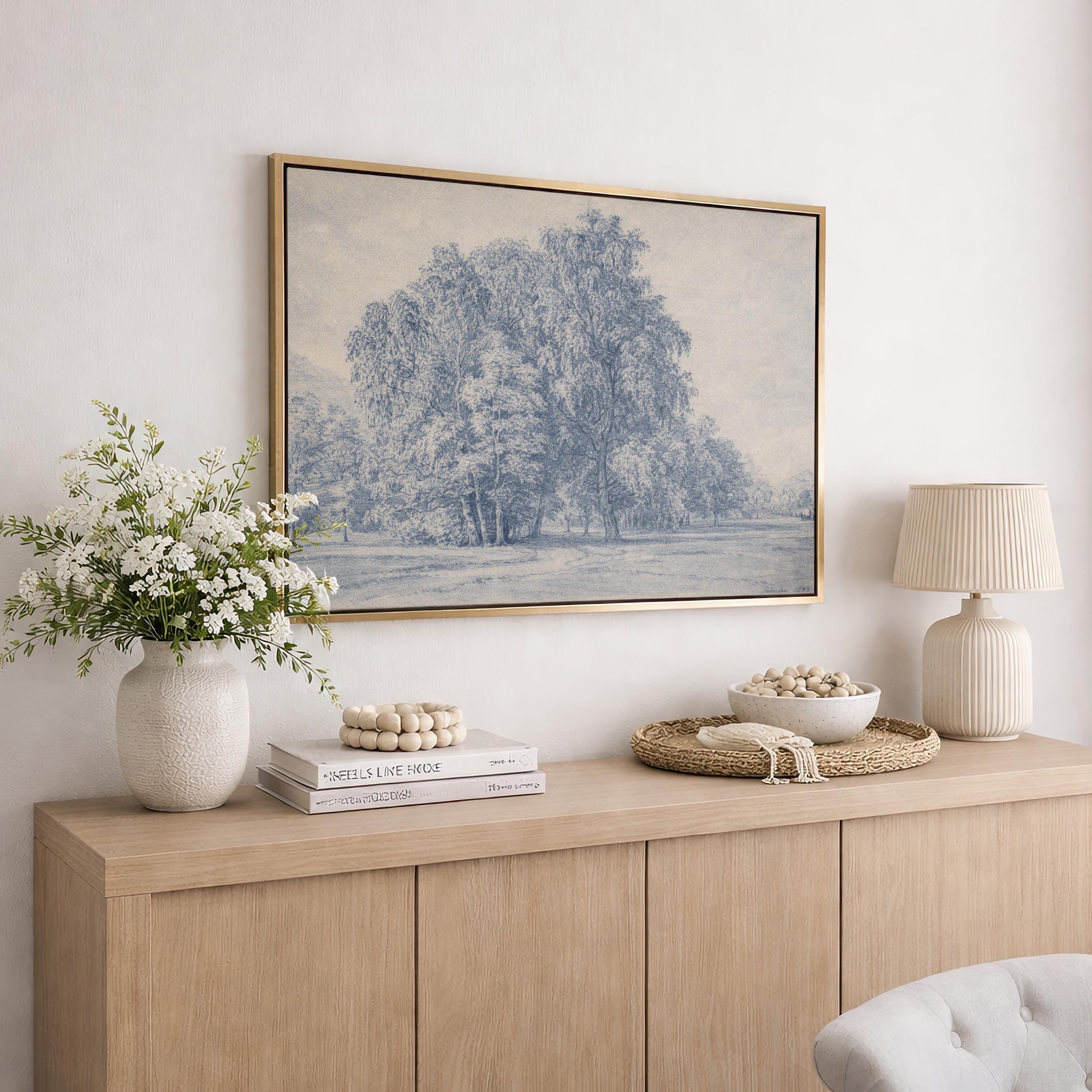 Blue Landscape Wall Art – French Country Tree Print, Farmhouse Decor