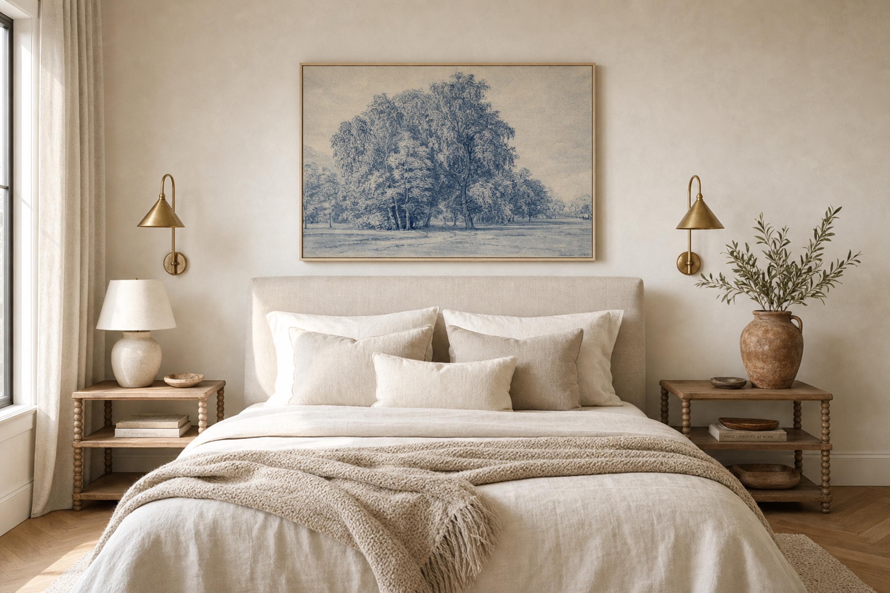 Blue Landscape Wall Art – French Country Tree Print, Farmhouse Decor