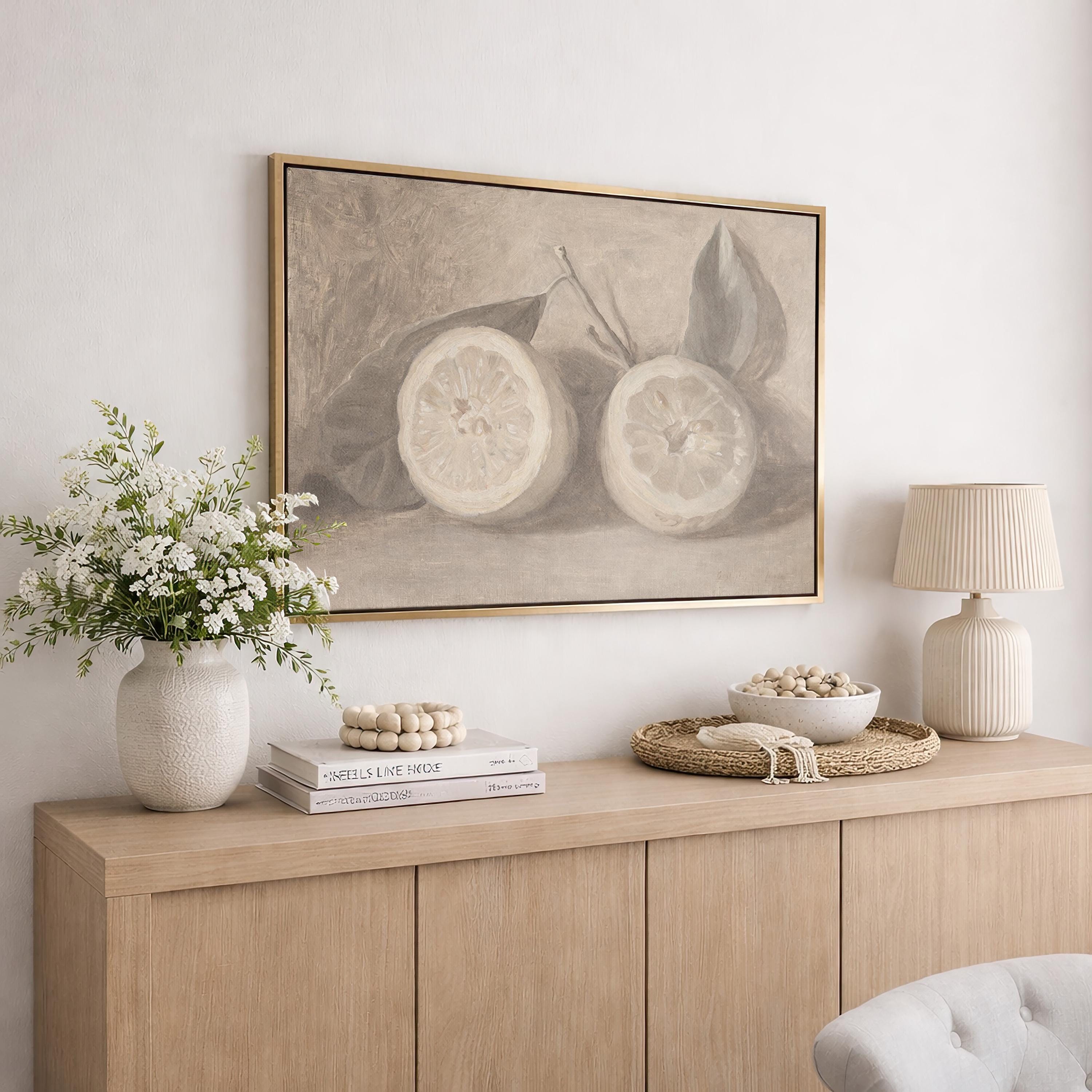 Lemon Wall Art Print | French Kitchen Decor | Vintage Citrus Painting | Beige Still Life Artwork | European Cottage Kitchen Art | G0056