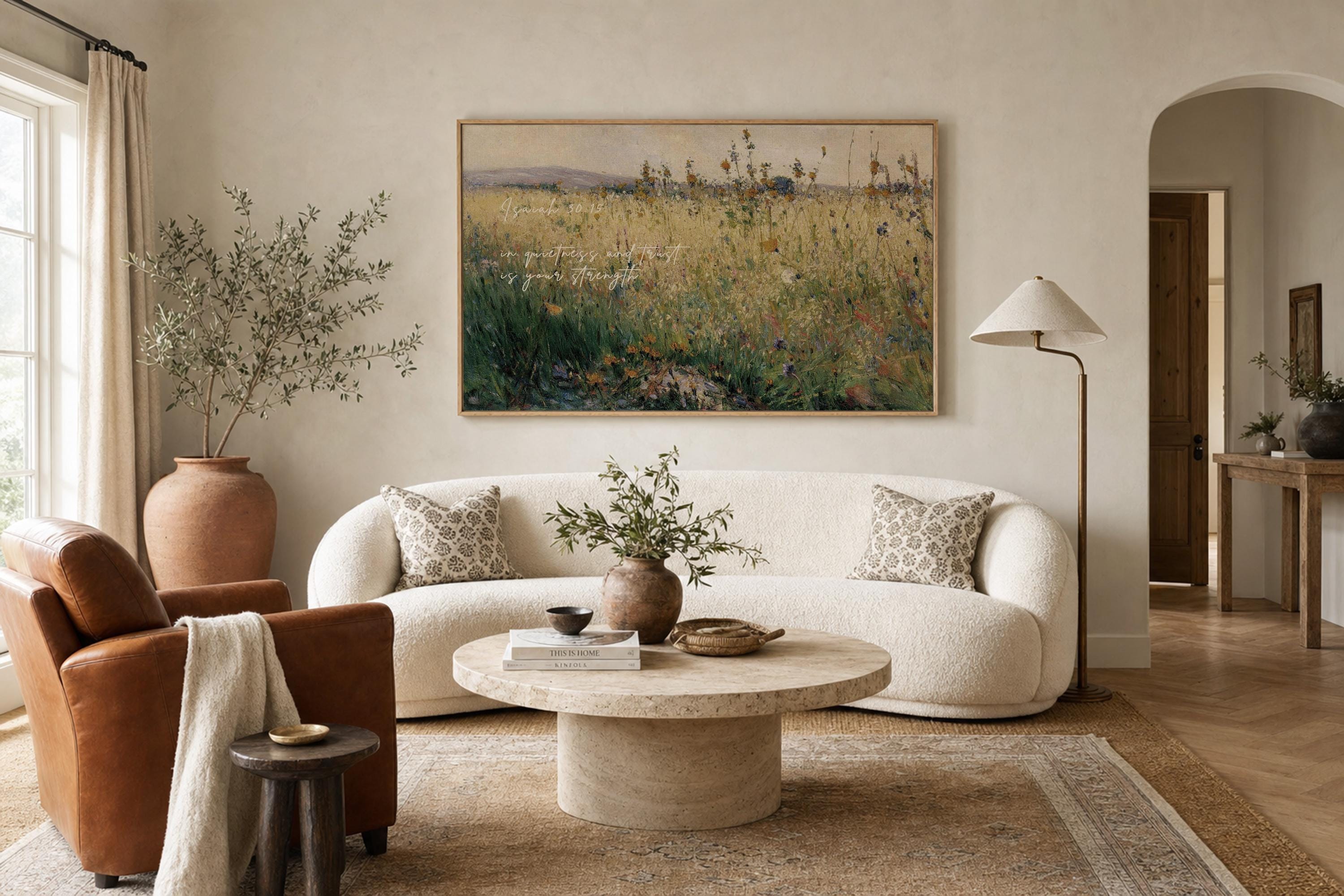 Wildflower Field Christian Wall Art Isaiah 30:15, In Quietness and Trust Is Your Strength, Vintage Floral Landscape Print