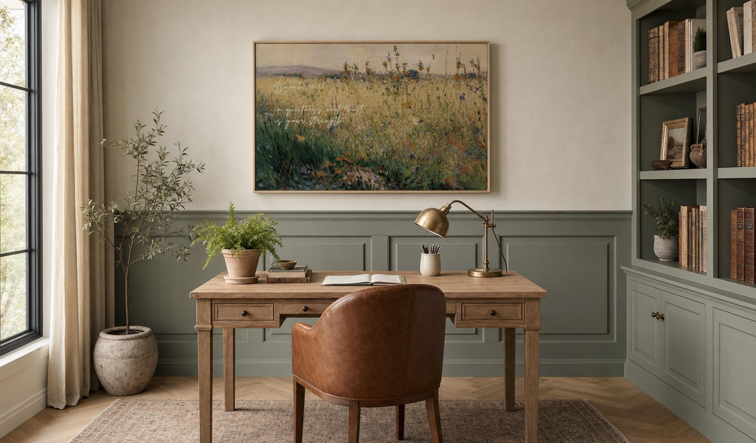Wildflower Field Christian Wall Art Isaiah 30:15, In Quietness and Trust Is Your Strength, Vintage Floral Landscape Print