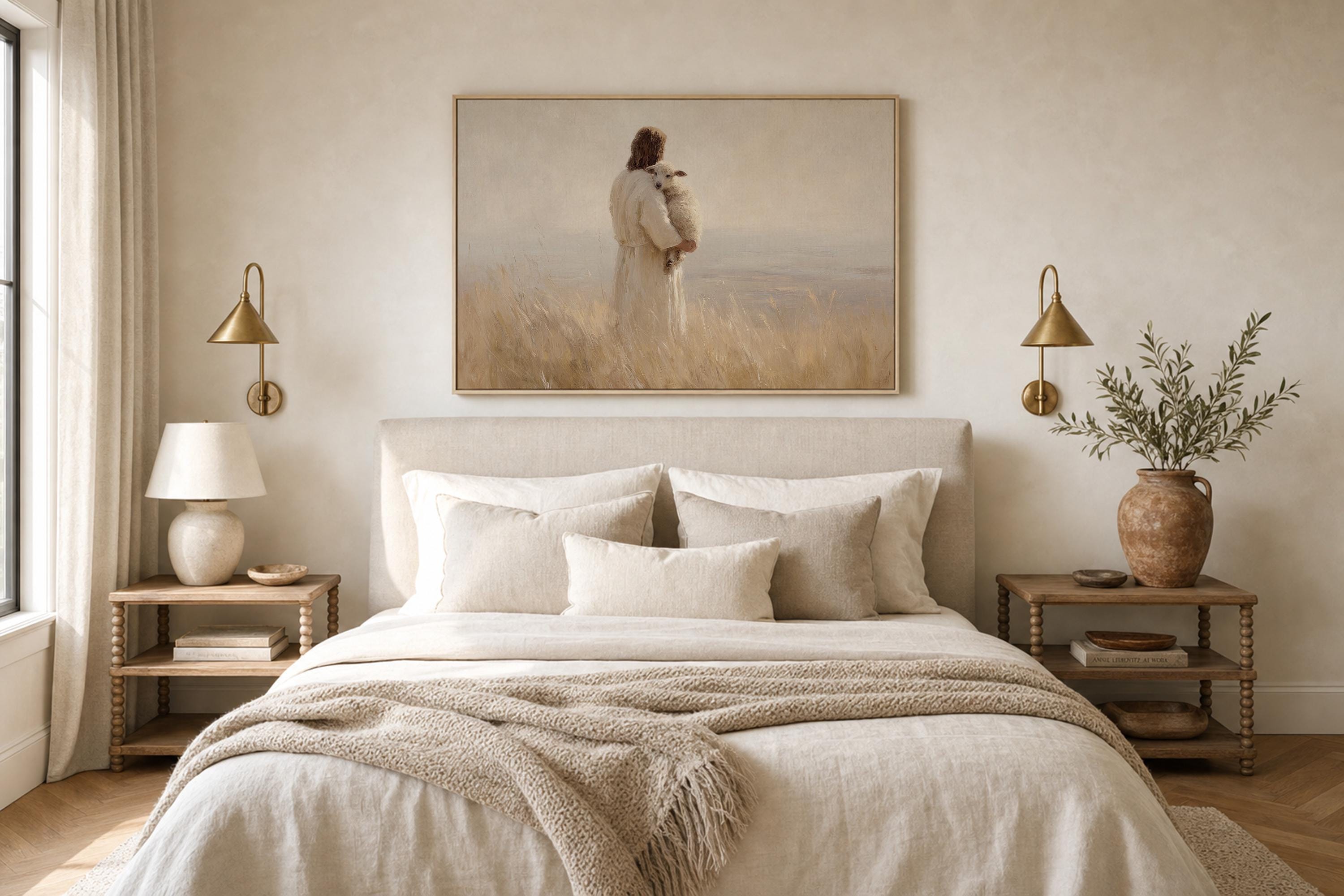 Jesus Holding Lamb Wall Art – The Good Shepherd Print – Psalm 23 Christian Home Decor – Neutral Faith Artwork
