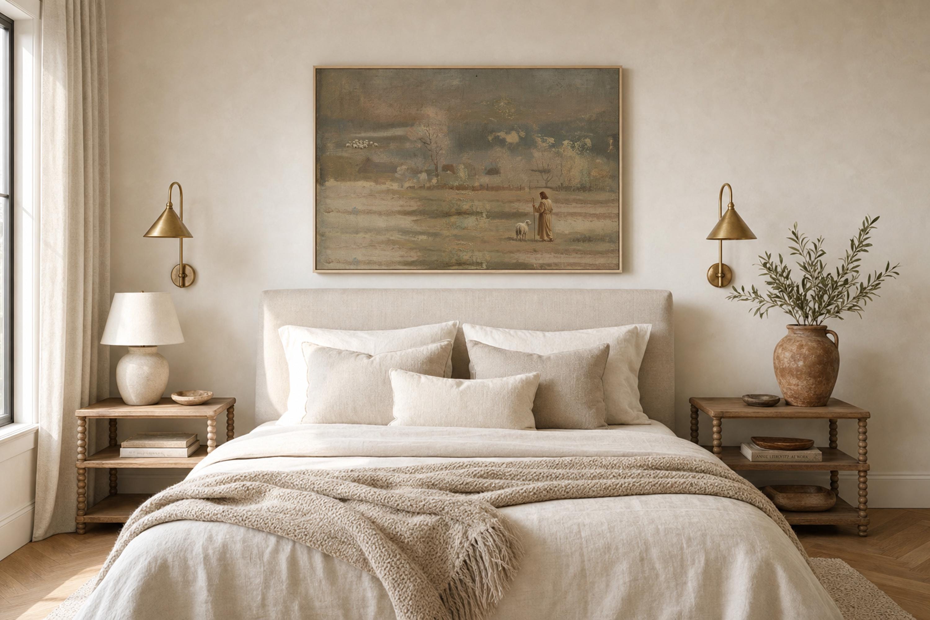 Lost Sheep Framed Canvas | Muted Farm Winter Christian Wall Art Print | Vintage Christian Wall Art | Faith Gift | L0008