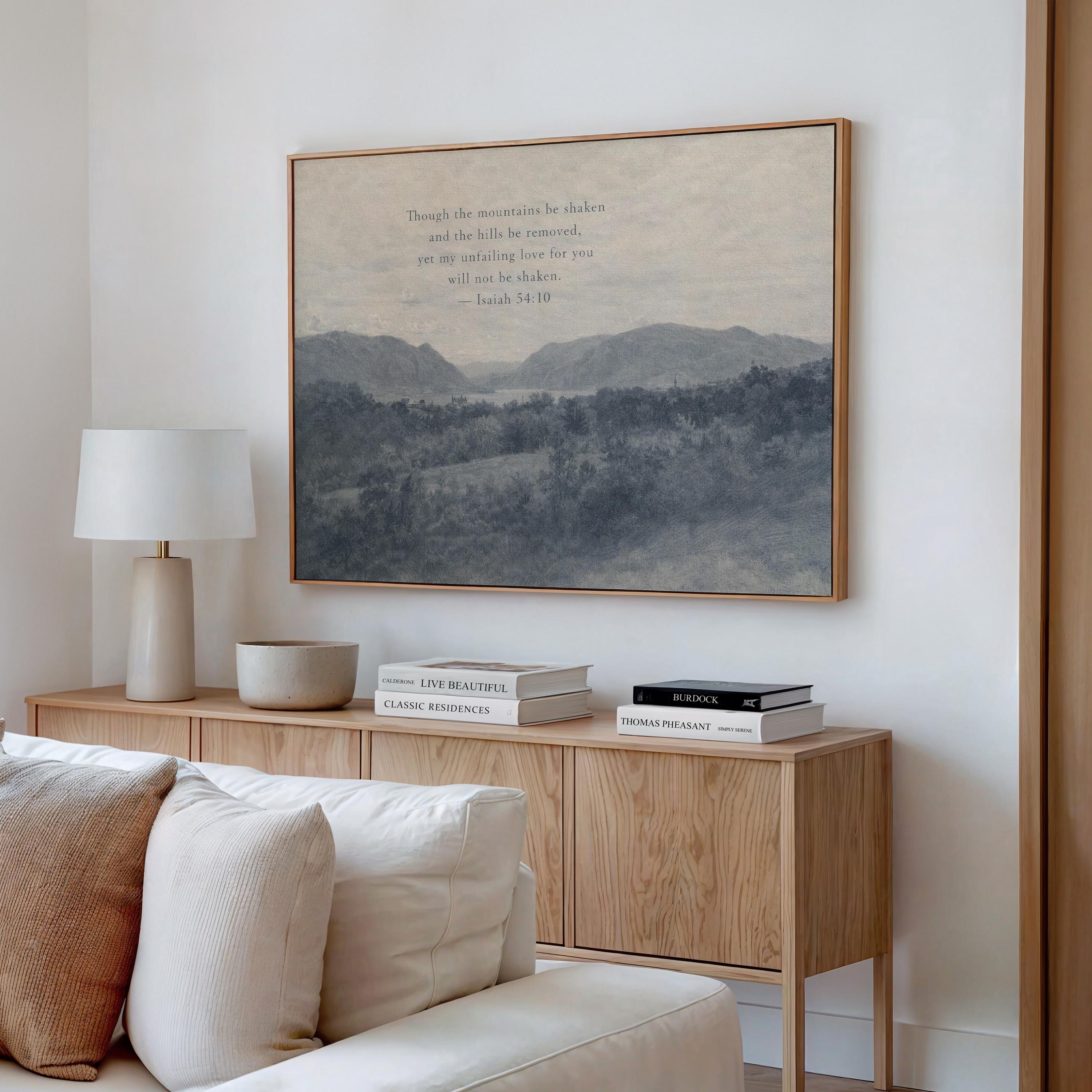 Though the Mountains Be Shaken Christian Landscape Canvas | Isaiah 54:10 Blue Antique Wall Art