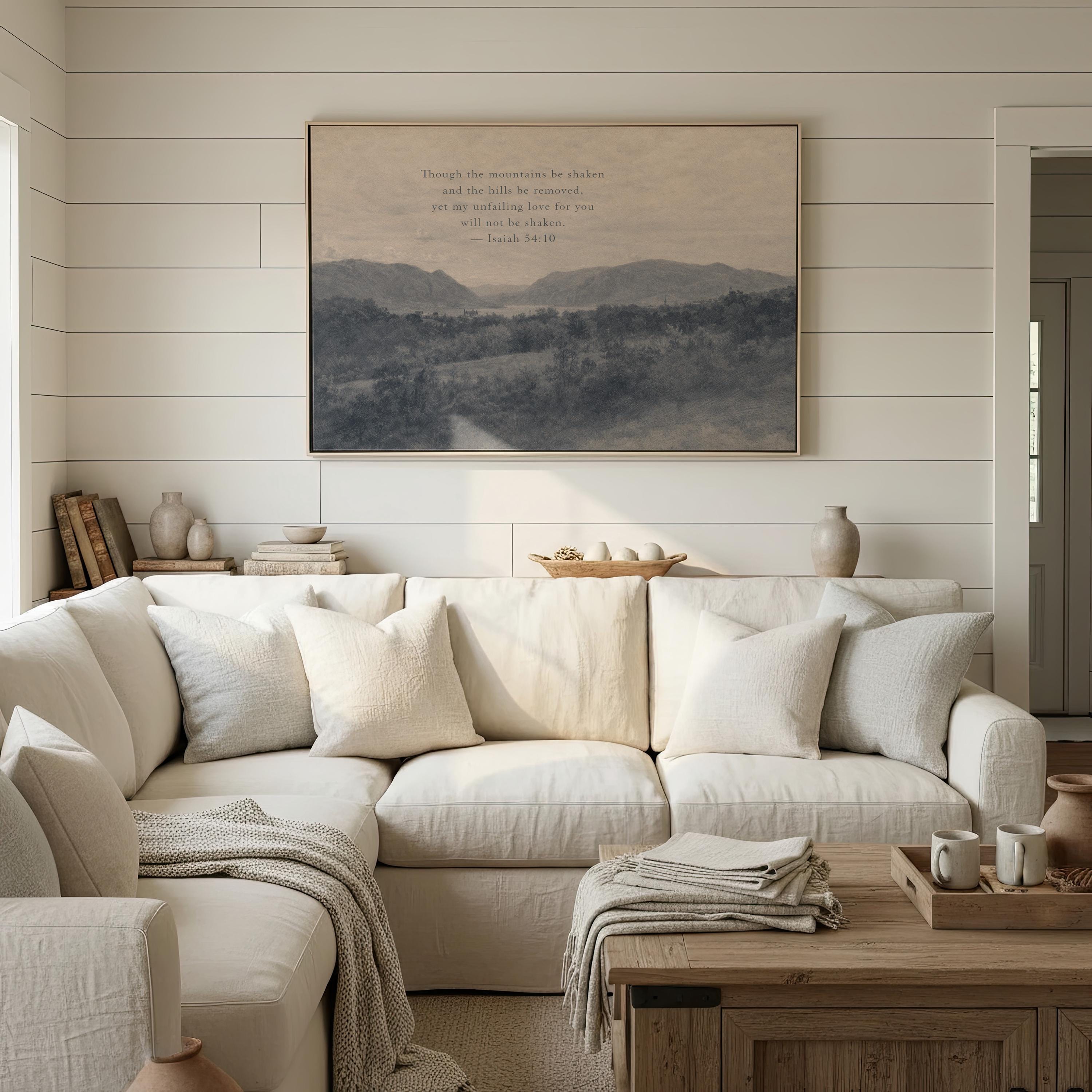 Though the Mountains Be Shaken Christian Landscape Canvas | Isaiah 54:10 Blue Antique Wall Art
