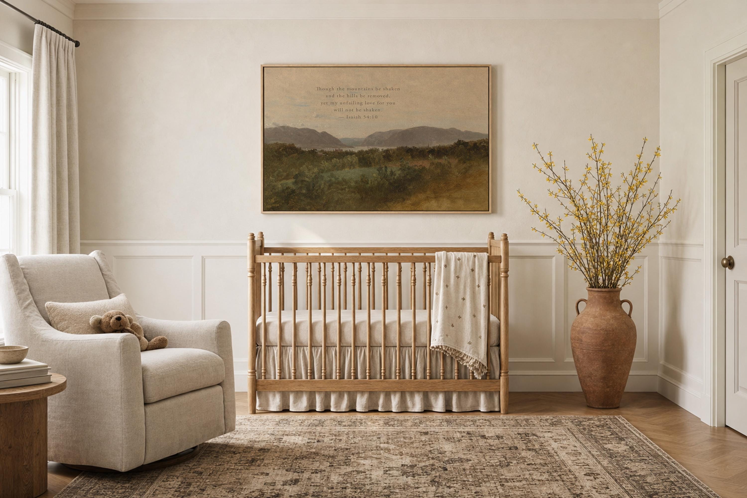 Isaiah 54:10 Wall Art | Though the Mountains Be Shaken Christian Landscape Canvas | Neutral Farmhouse Scripture Decor