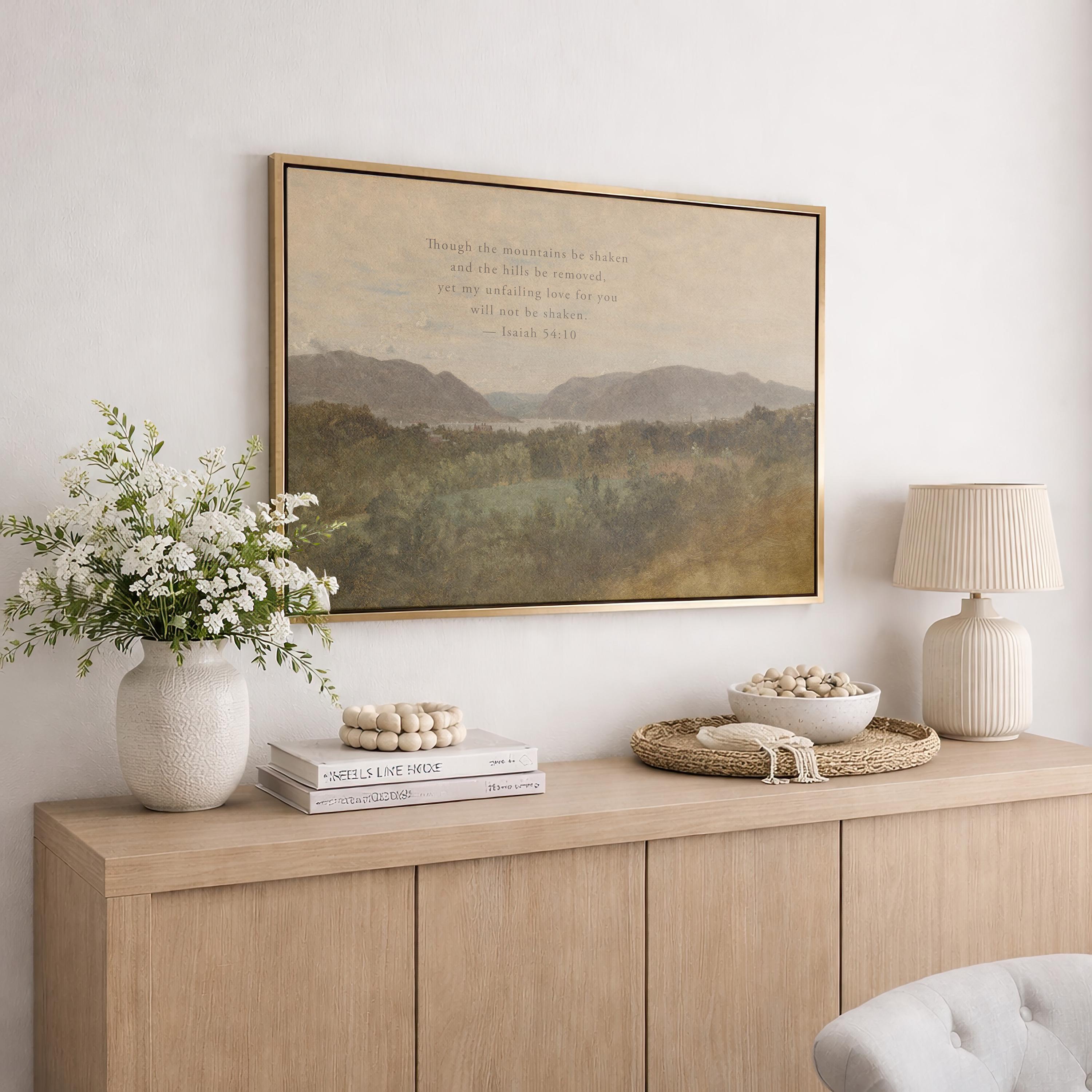Isaiah 54:10 Wall Art | Though the Mountains Be Shaken Christian Landscape Canvas | Neutral Farmhouse Scripture Decor