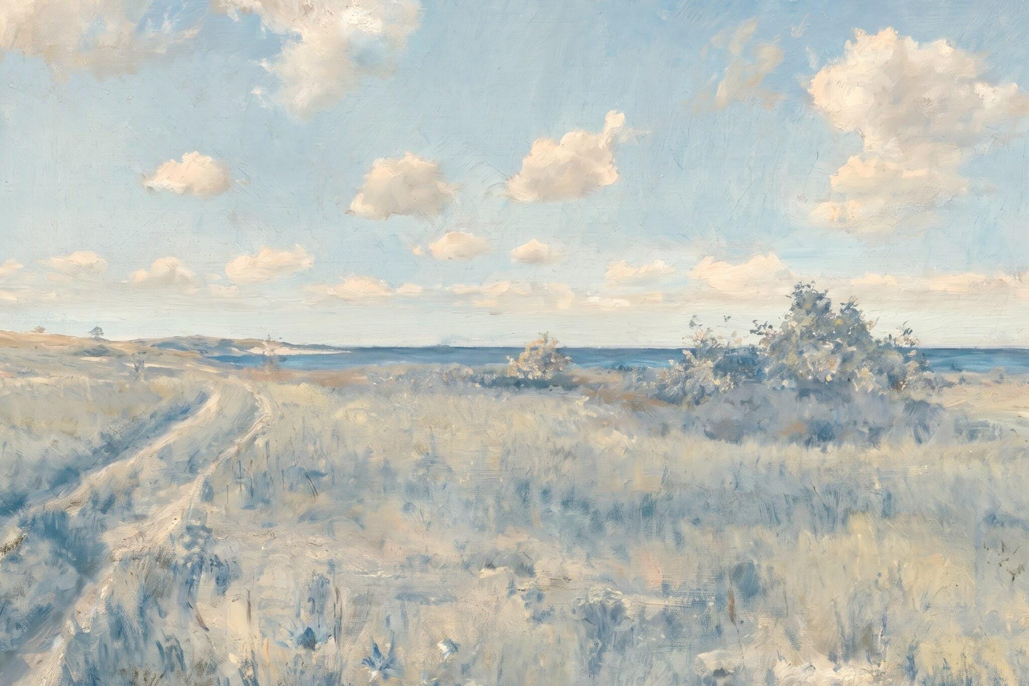 Countryside Landscape Wall Art | Blue Meadow Painting | Cottagecore Wall Decor | Neutral Farmhouse Artwork | Country Road Print | P0005
