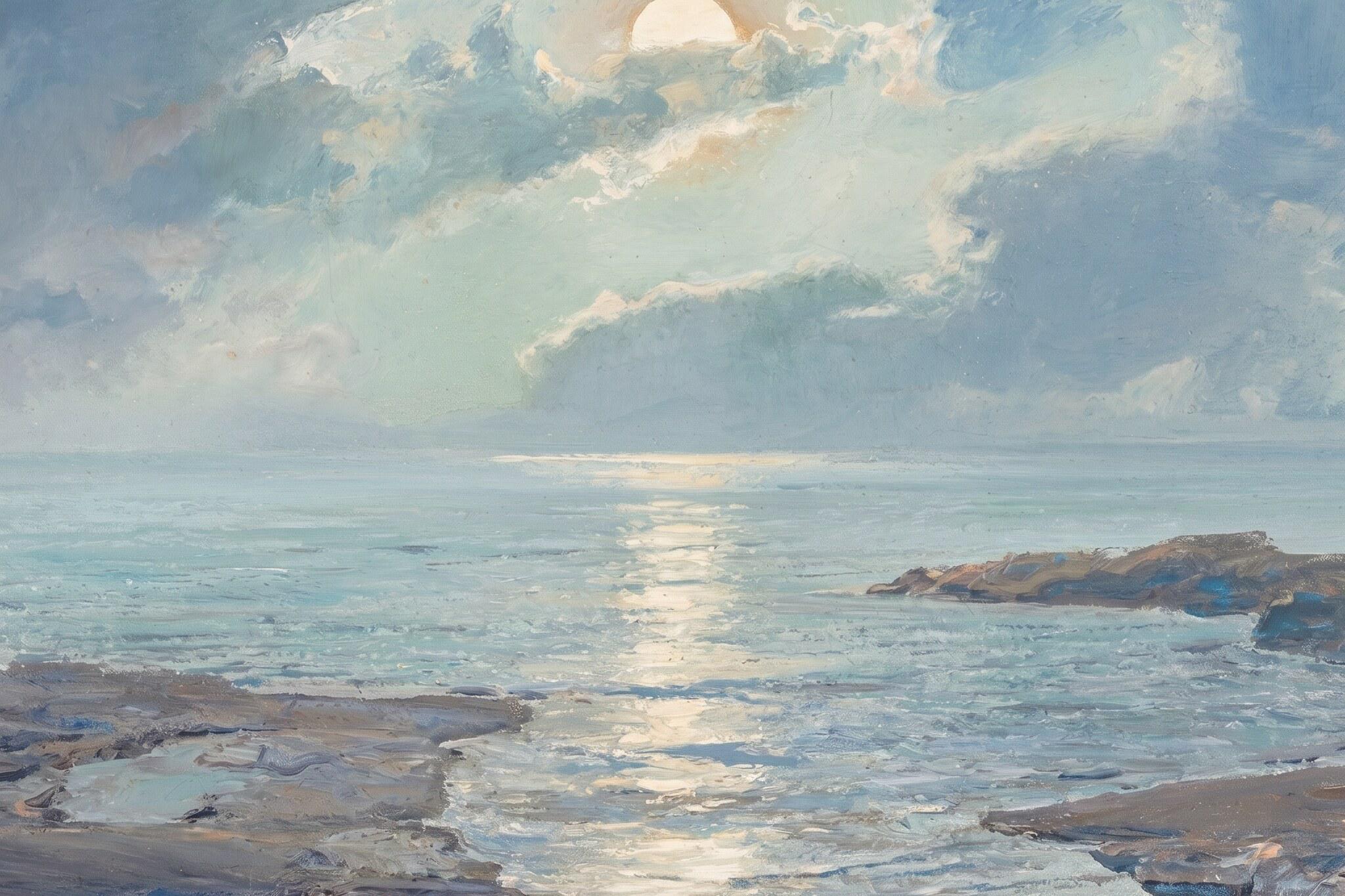 Ocean Landscape Wall Art | Blue Seascape Print | Coastal Cottage Decor | Neutral Beach Painting | Living Room Wall Art | P0013