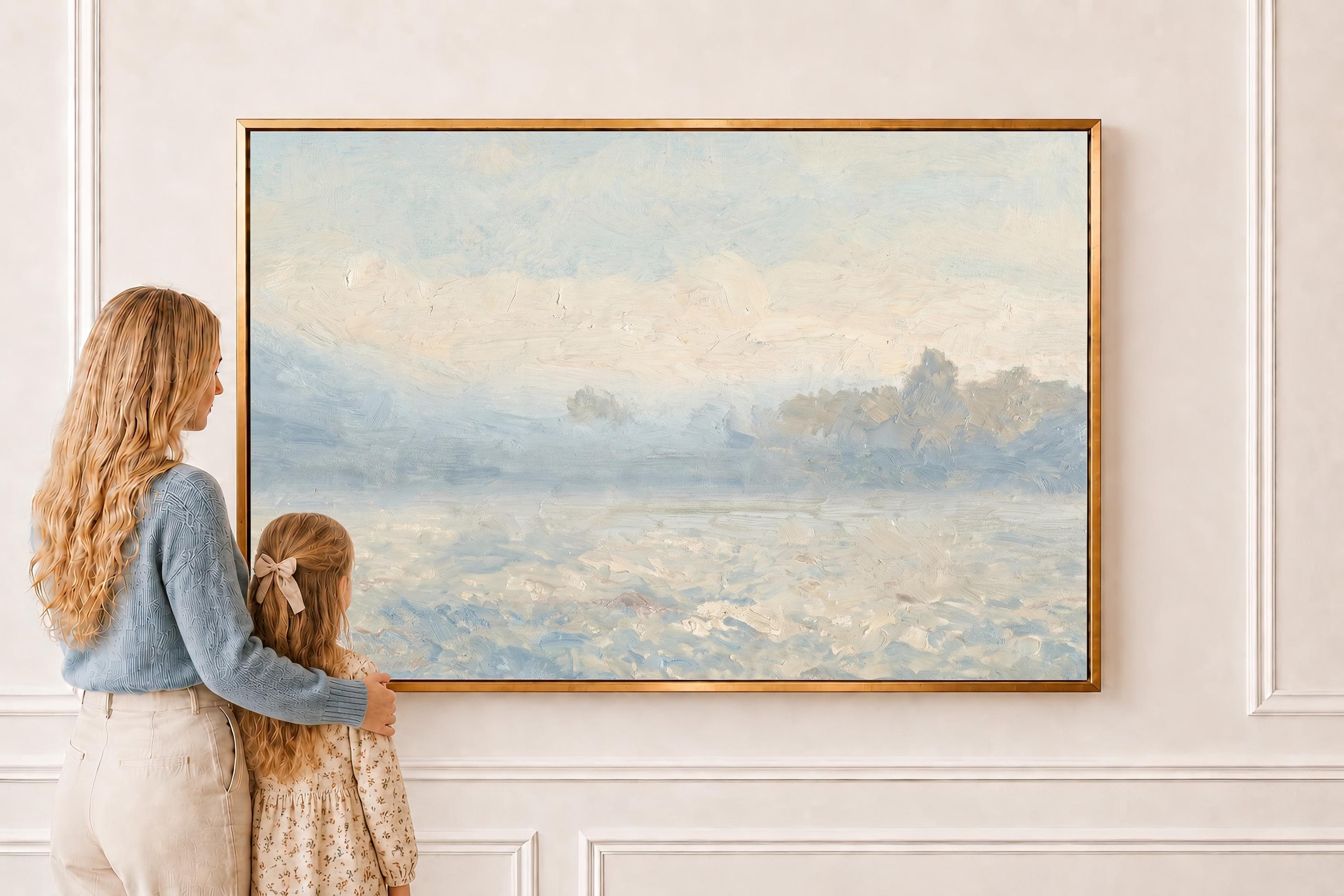 Powder Blue Landscape Wall Art | Blue Ivory Painting | Coastal Farmhouse Art | Bedroom Living Room Wall Decor | P0014
