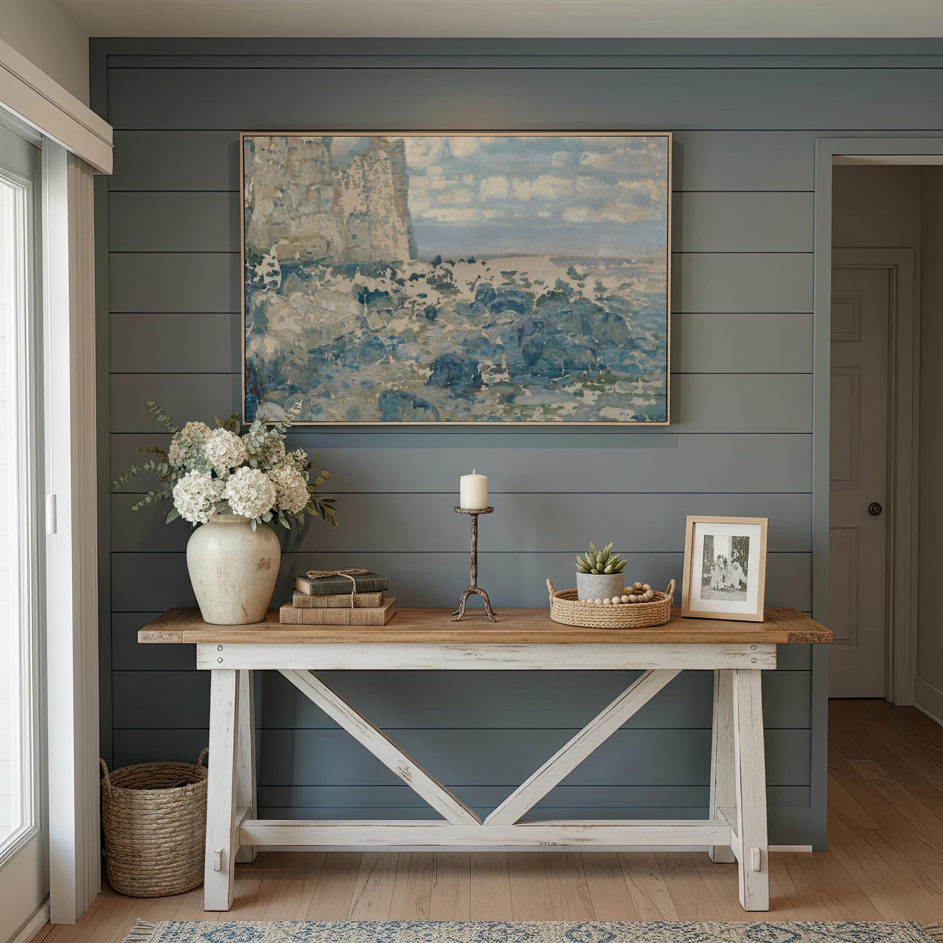 Coastal Cliff Wall Art Print | Blue Seascape Painting | Ocean Landscape Decor | Neutral Beach House Artwork | Coastal Wall Art | P0007
