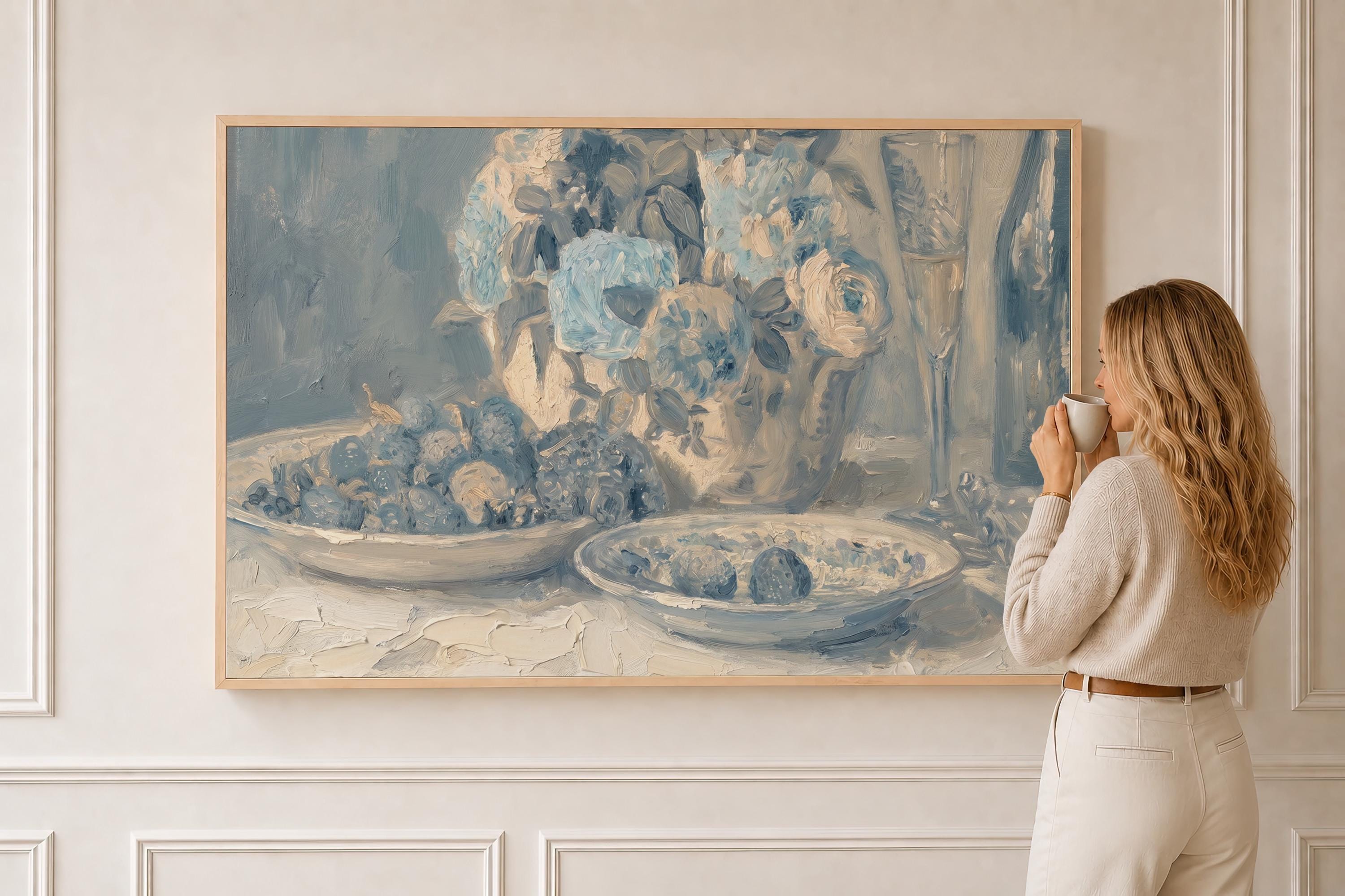 Blue Floral Still Life Wall Art | Vintage Botanical Painting | French Country Decor | Elegant Dining Room Artwork | P0031
