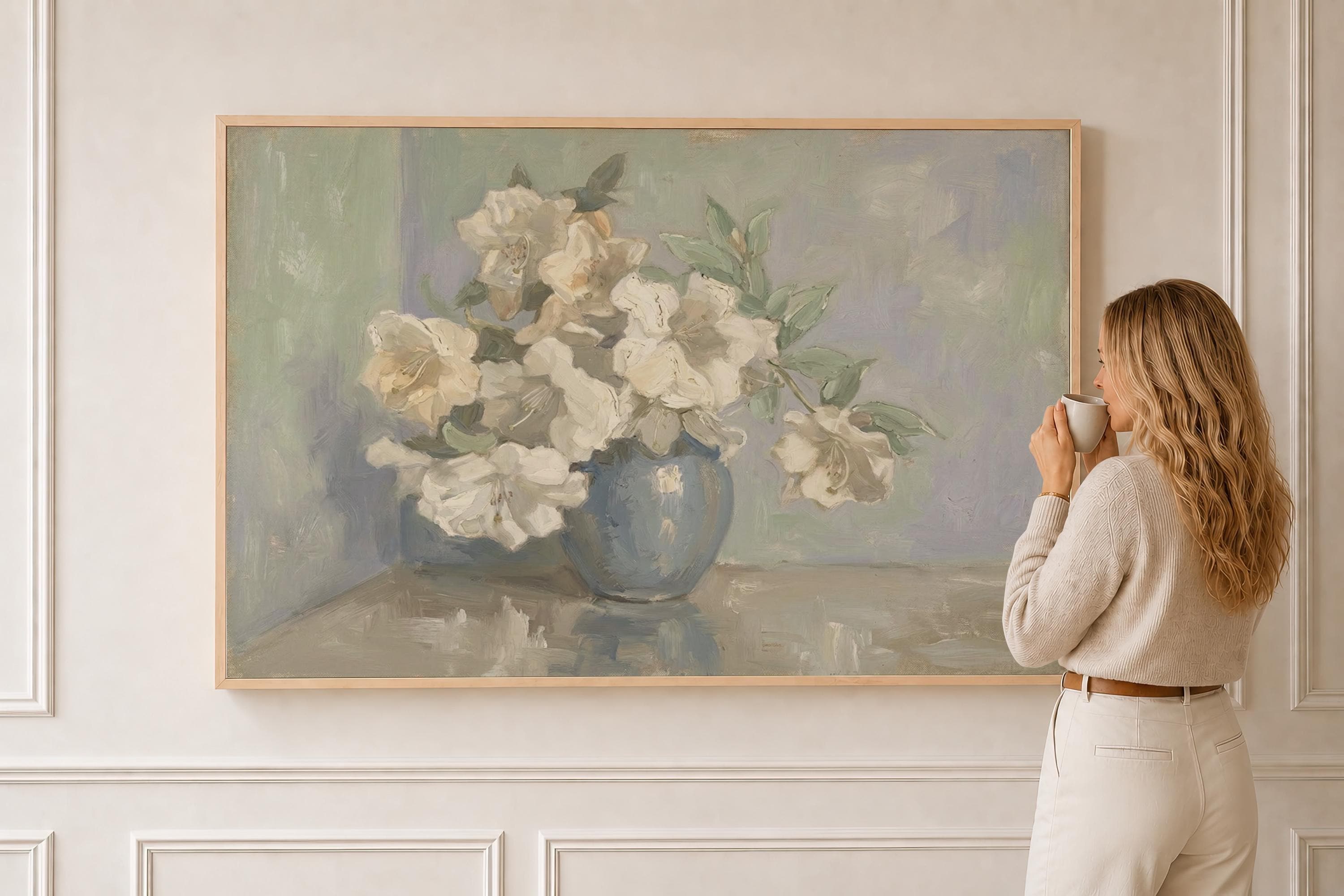 Blue Vase Floral Painting | White Flower Wall Art | French Cottage Decor | Vintage Botanical Artwork | Traditional Home Decor | A0013