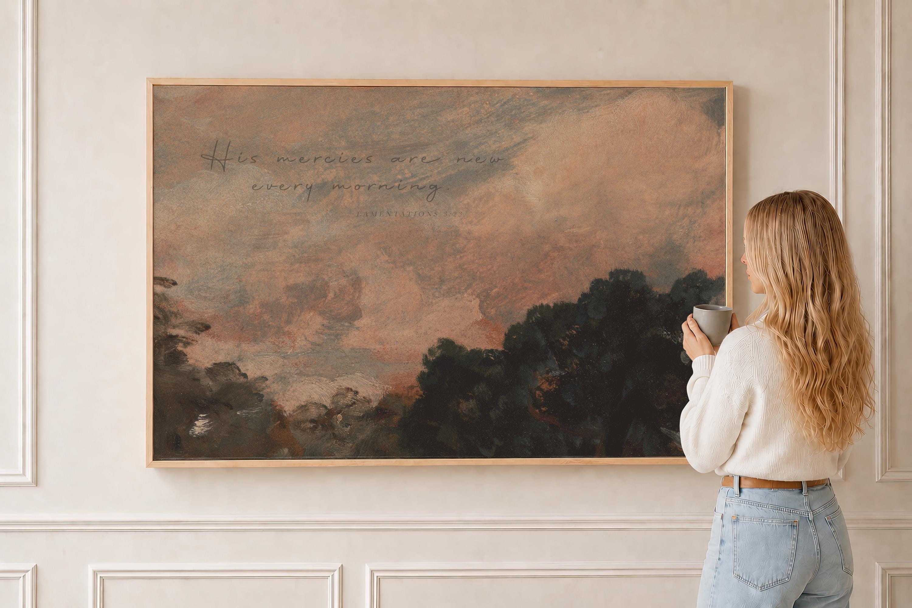 His Mercies Are New Every Morning Painting, Lamentations 3:23 Christian Wall Art, Soft Sky Landscape Painting, Morning Mercy Verse, FG423