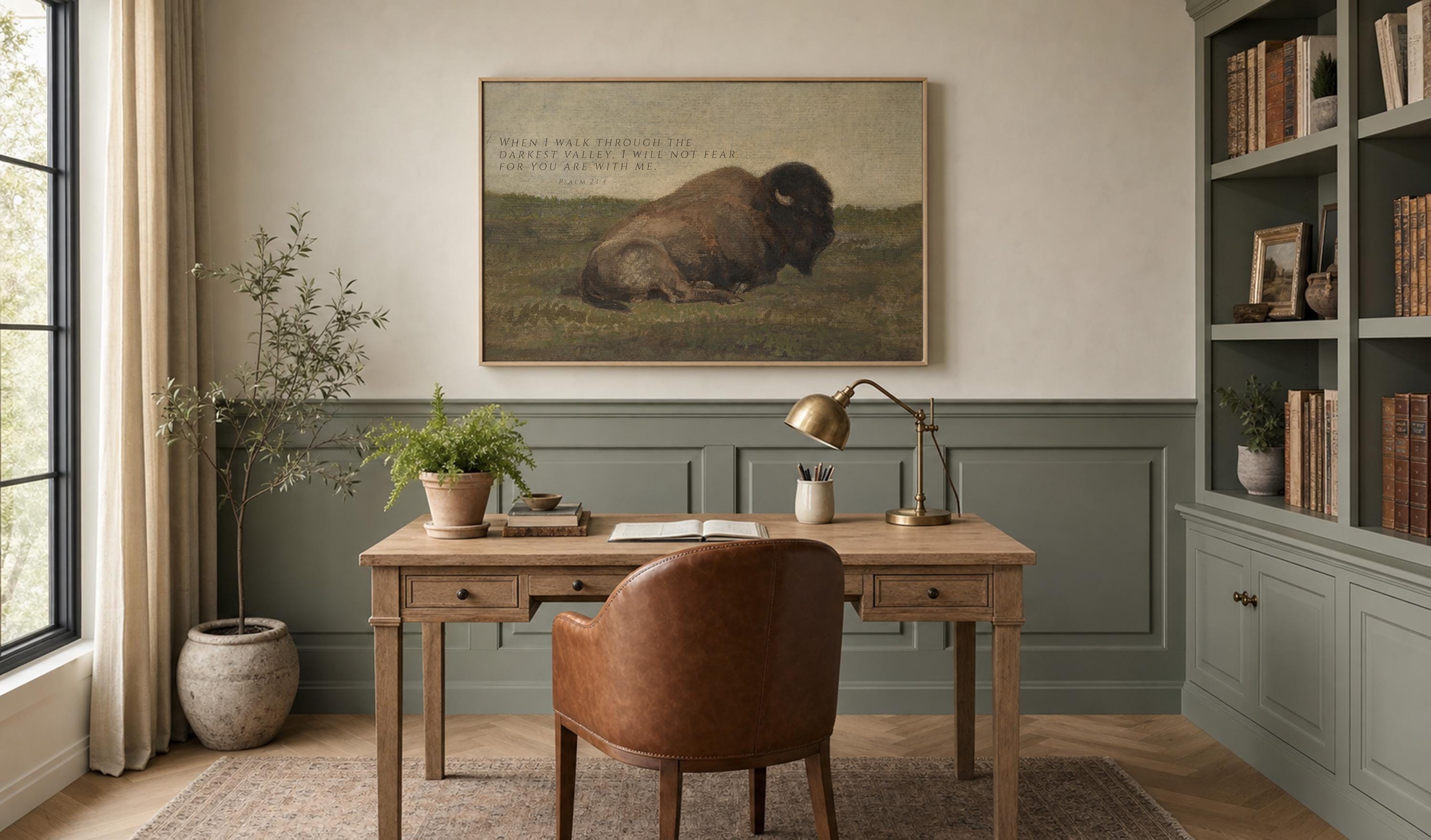 Psalm 23:4 Wall Art, Bison Christian Scripture Painting, I Will Not Fear Print, Faith Inspired Wildlife Artwork, FG427