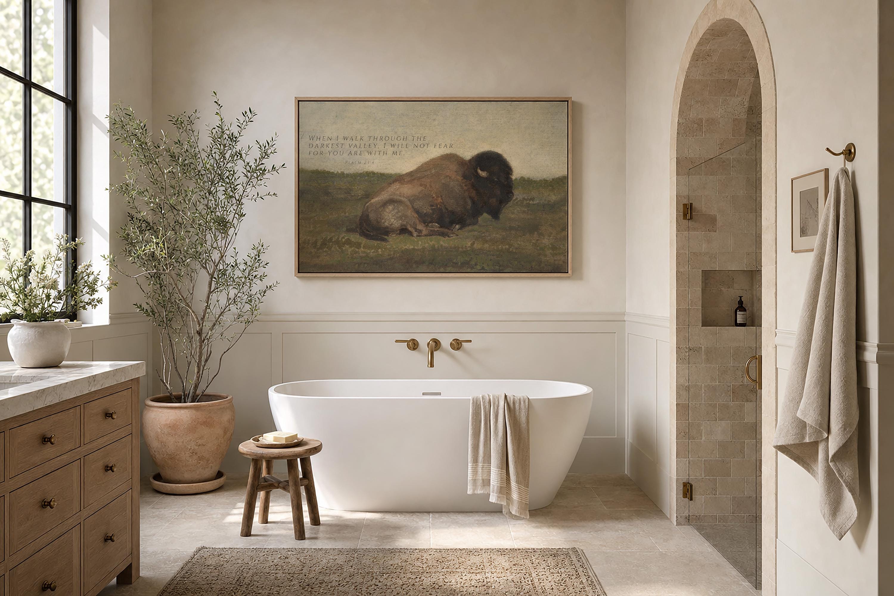 Psalm 23:4 Wall Art, Bison Christian Scripture Painting, I Will Not Fear Print, Faith Inspired Wildlife Artwork, FG427