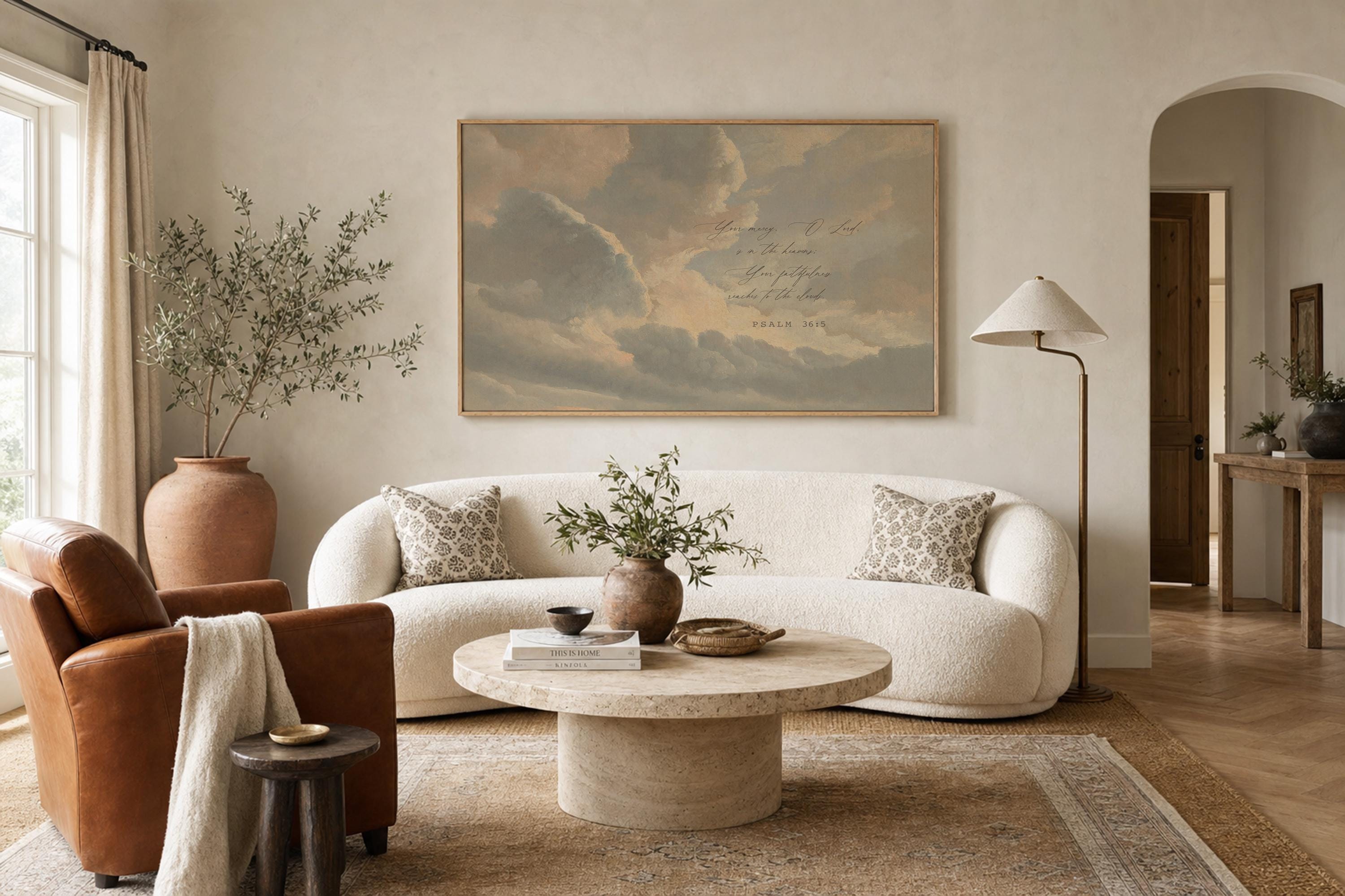 Psalm 36:5 Large Christian Canvas | Neutral Cloud Scripture Wall Art | Your Love Reaches the Heavens Decor | FG428