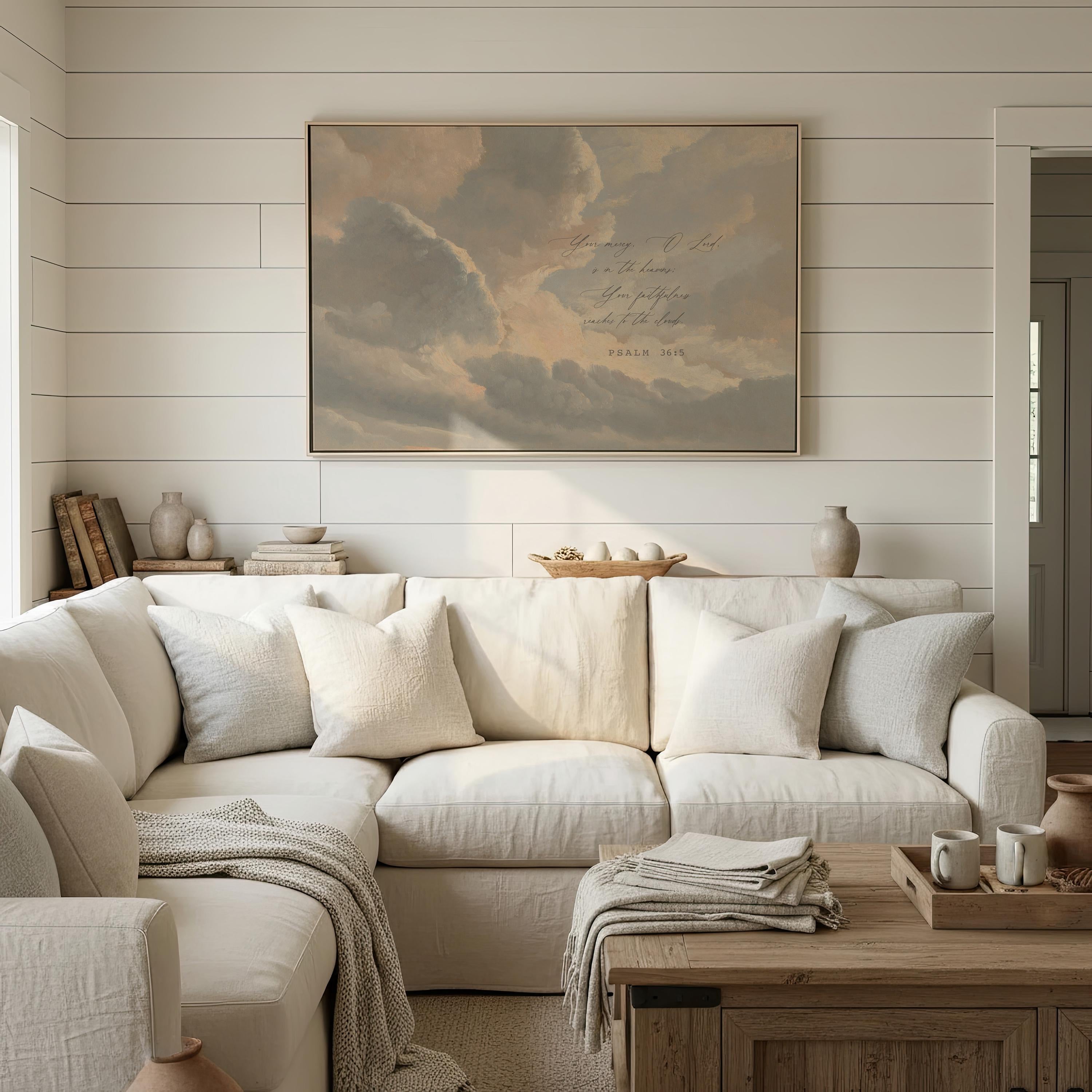 Psalm 36:5 Large Christian Canvas | Neutral Cloud Scripture Wall Art | Your Love Reaches the Heavens Decor | FG428