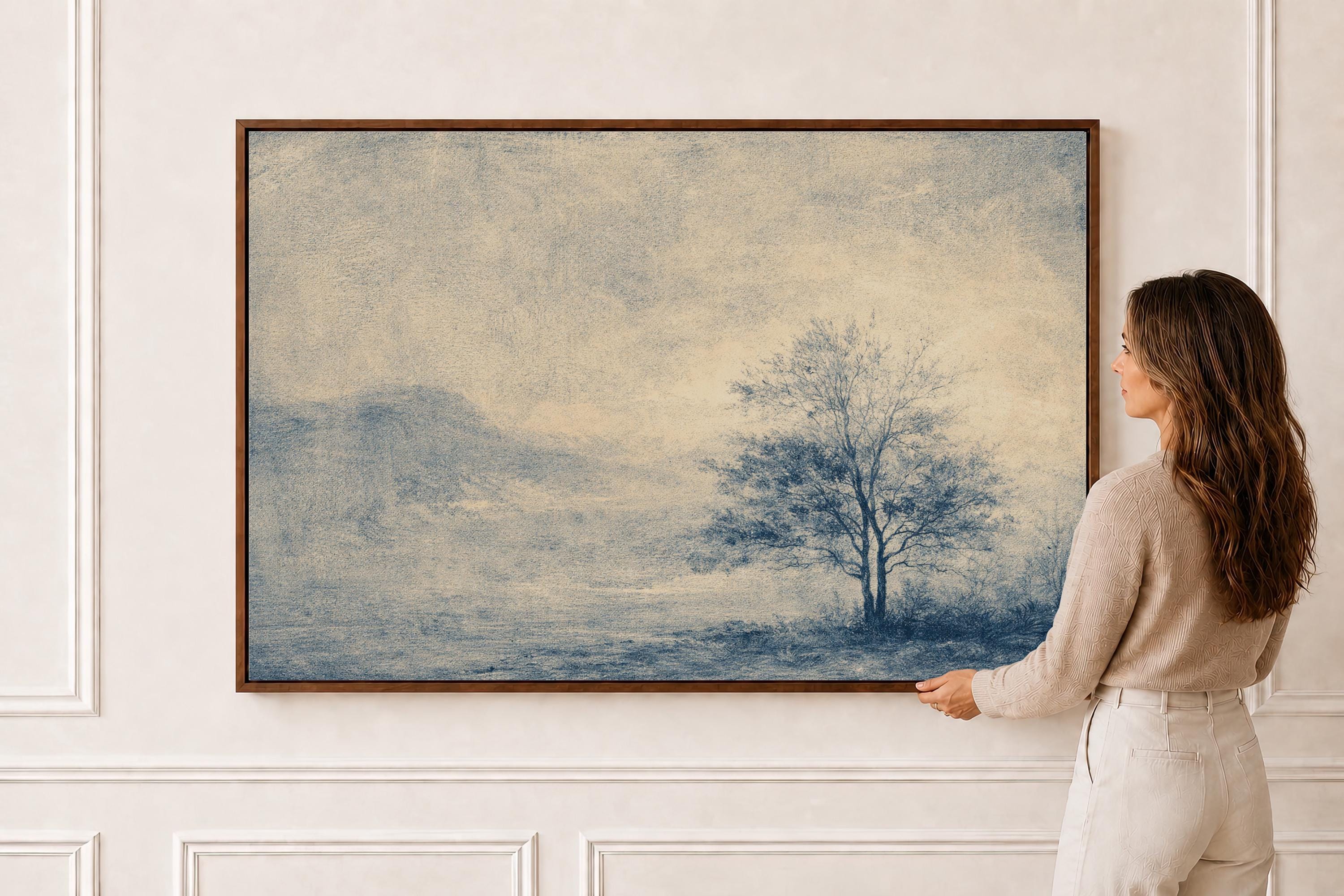 Blue Landscape Wall Art, Minimalist Tree Print, Neutral Living Room Decor, FG436