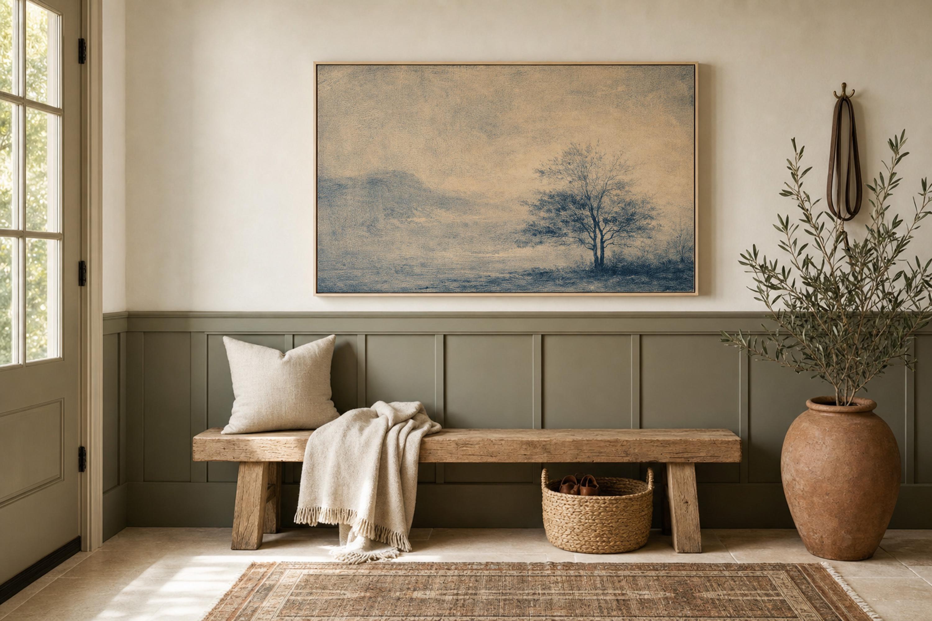Blue Landscape Wall Art, Minimalist Tree Print, Neutral Living Room Decor, FG436