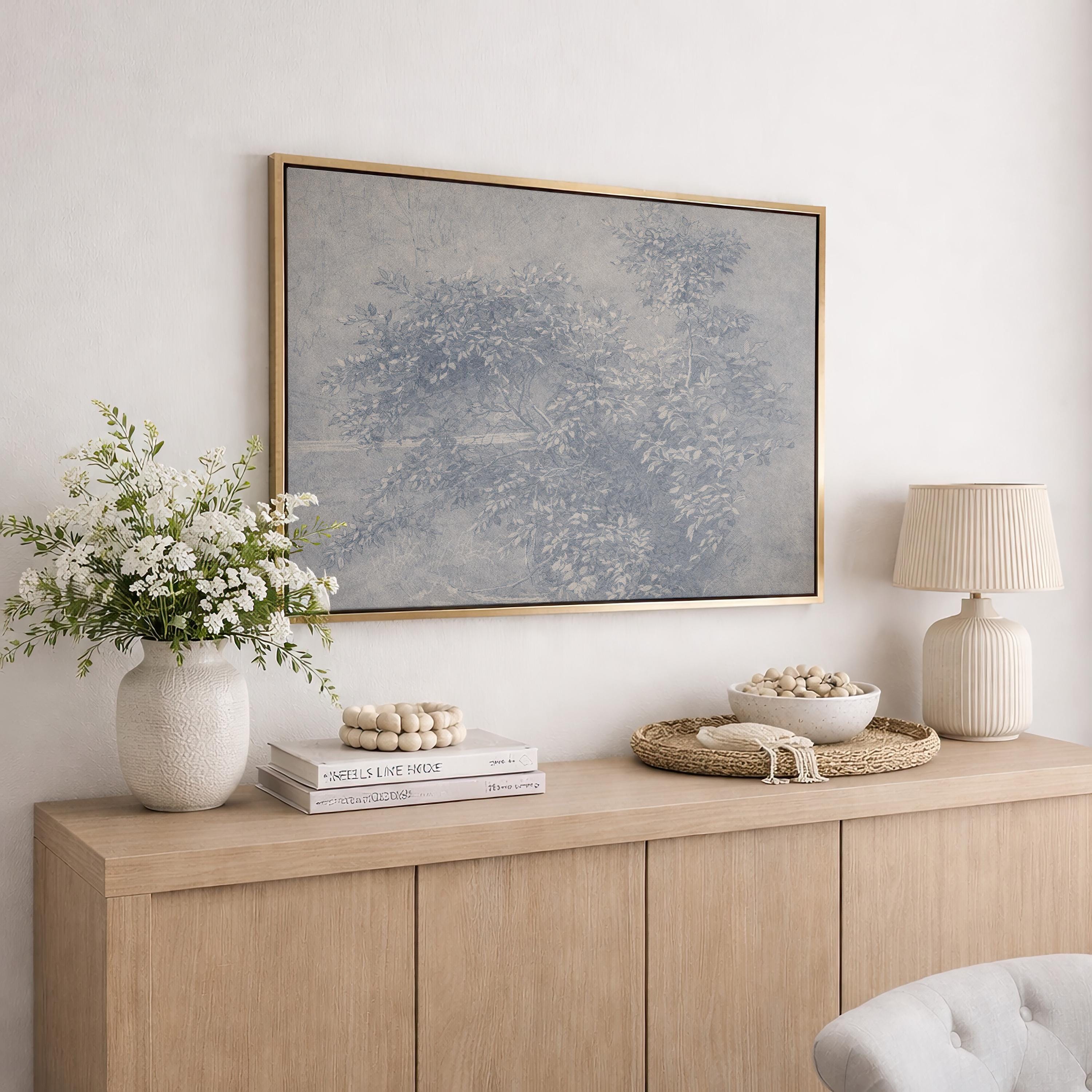 Antique Blue Botanical Wall Print – Vintage Ink Wash Leaves, French Country Art, FG437