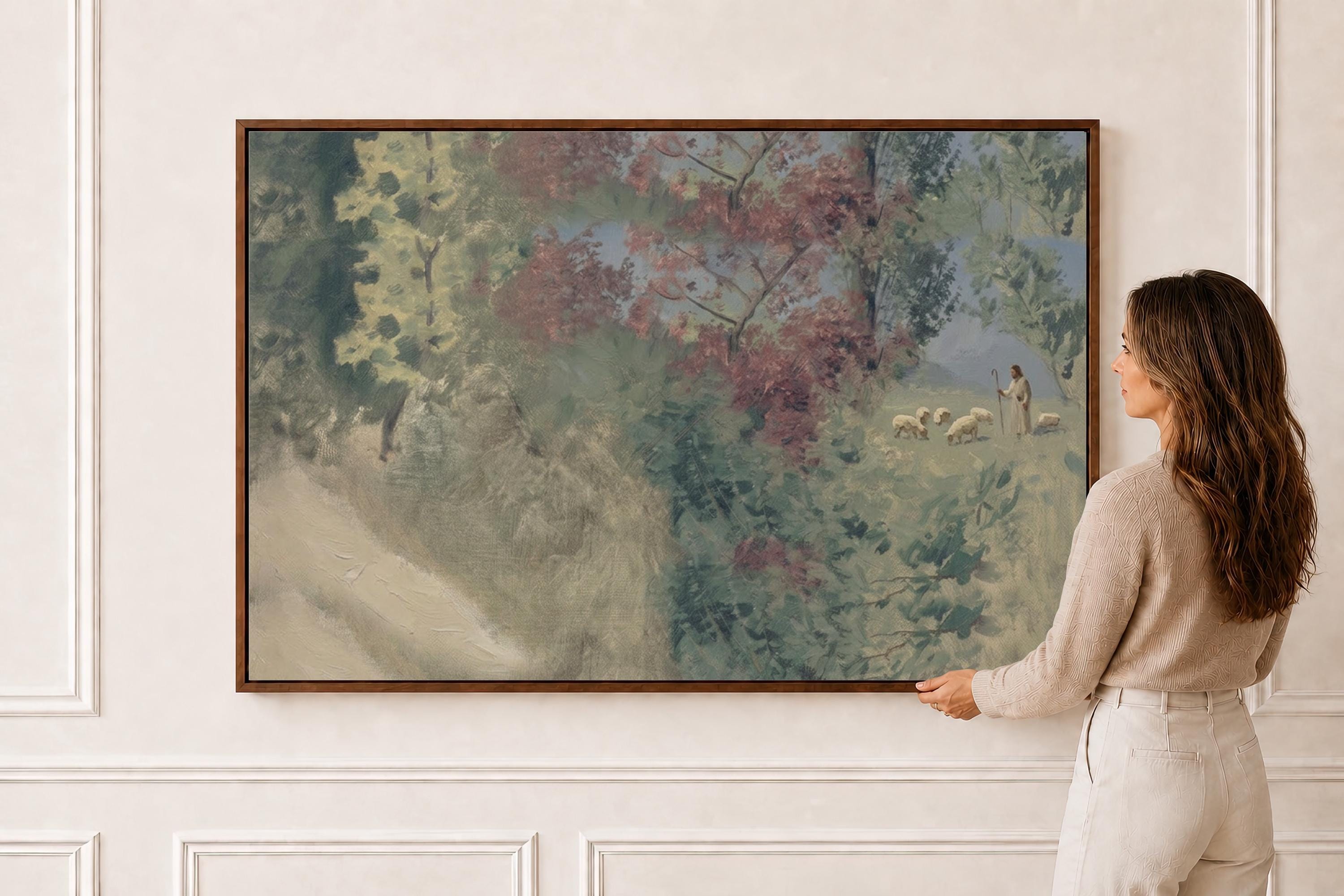 Jesus in the Meadow Print | Shepherd and Sheep Artwork | Quiet Faith Wall Decor | Psalm 23 Inspired Christian Landscape | S0027