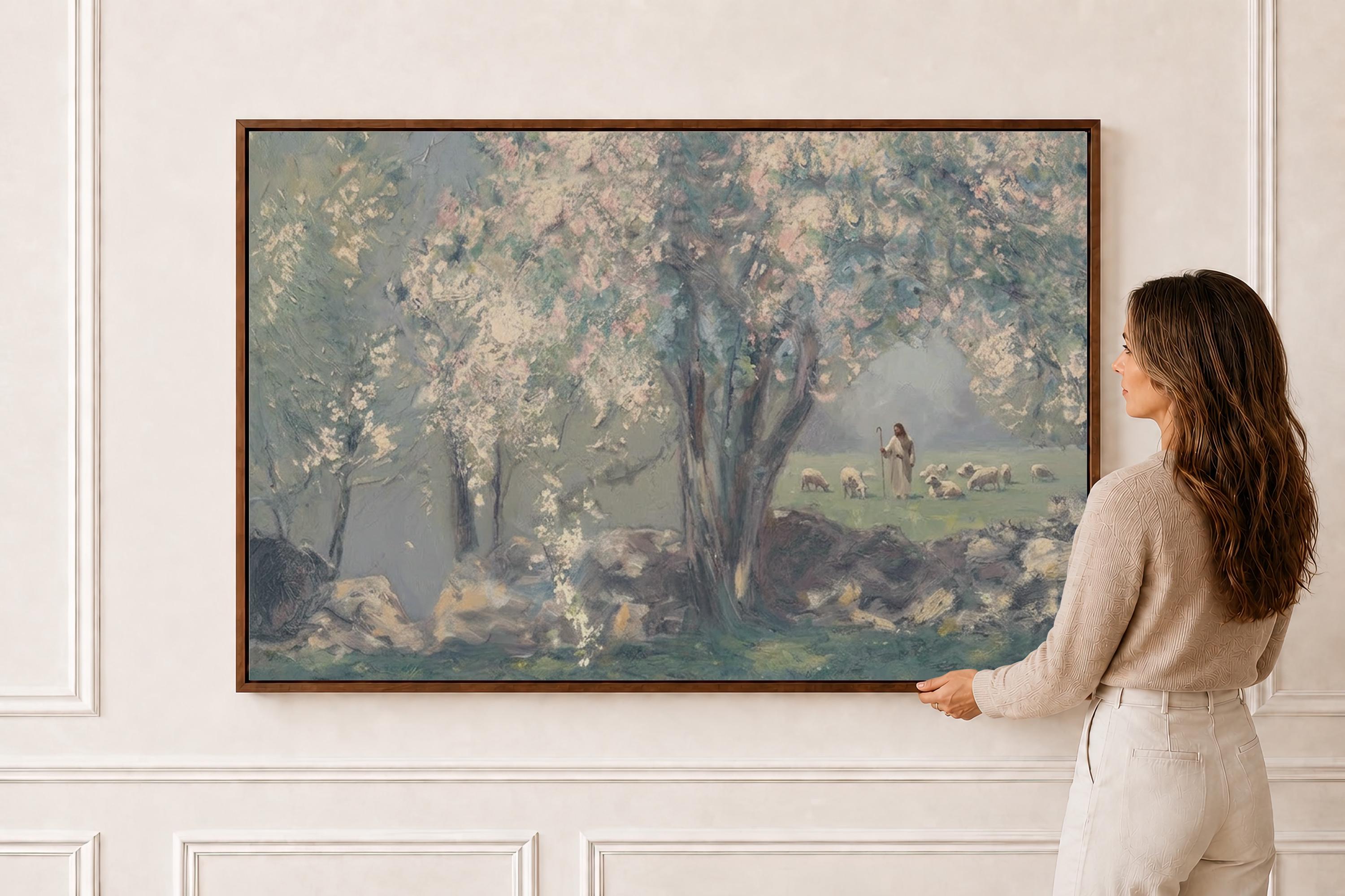 Jesus Among the Sheep Print | Good Shepherd Christian Wall Art | Peaceful Biblical Landscape Painting | S0037