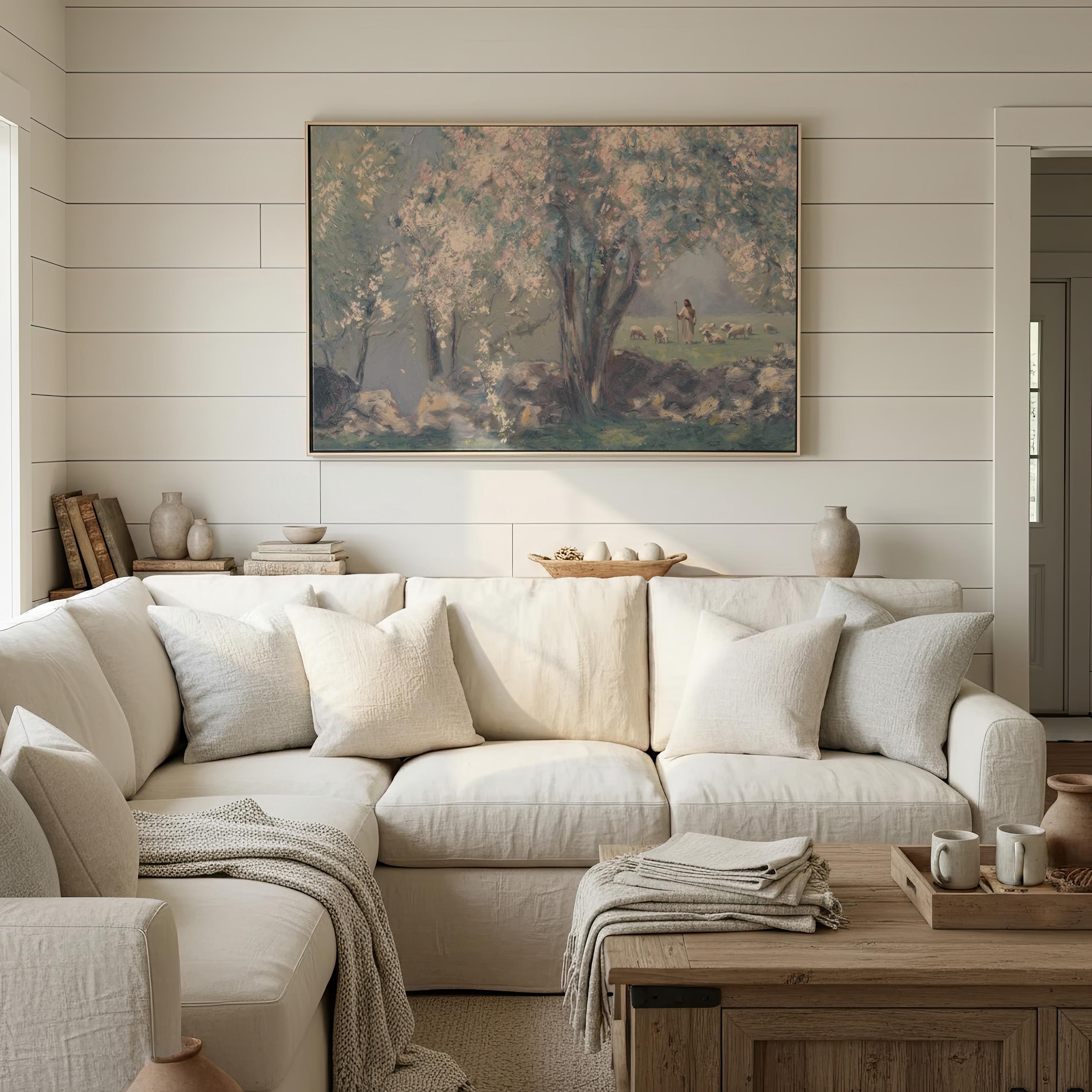 Jesus Among the Sheep Print | Good Shepherd Christian Wall Art | Peaceful Biblical Landscape Painting | S0037