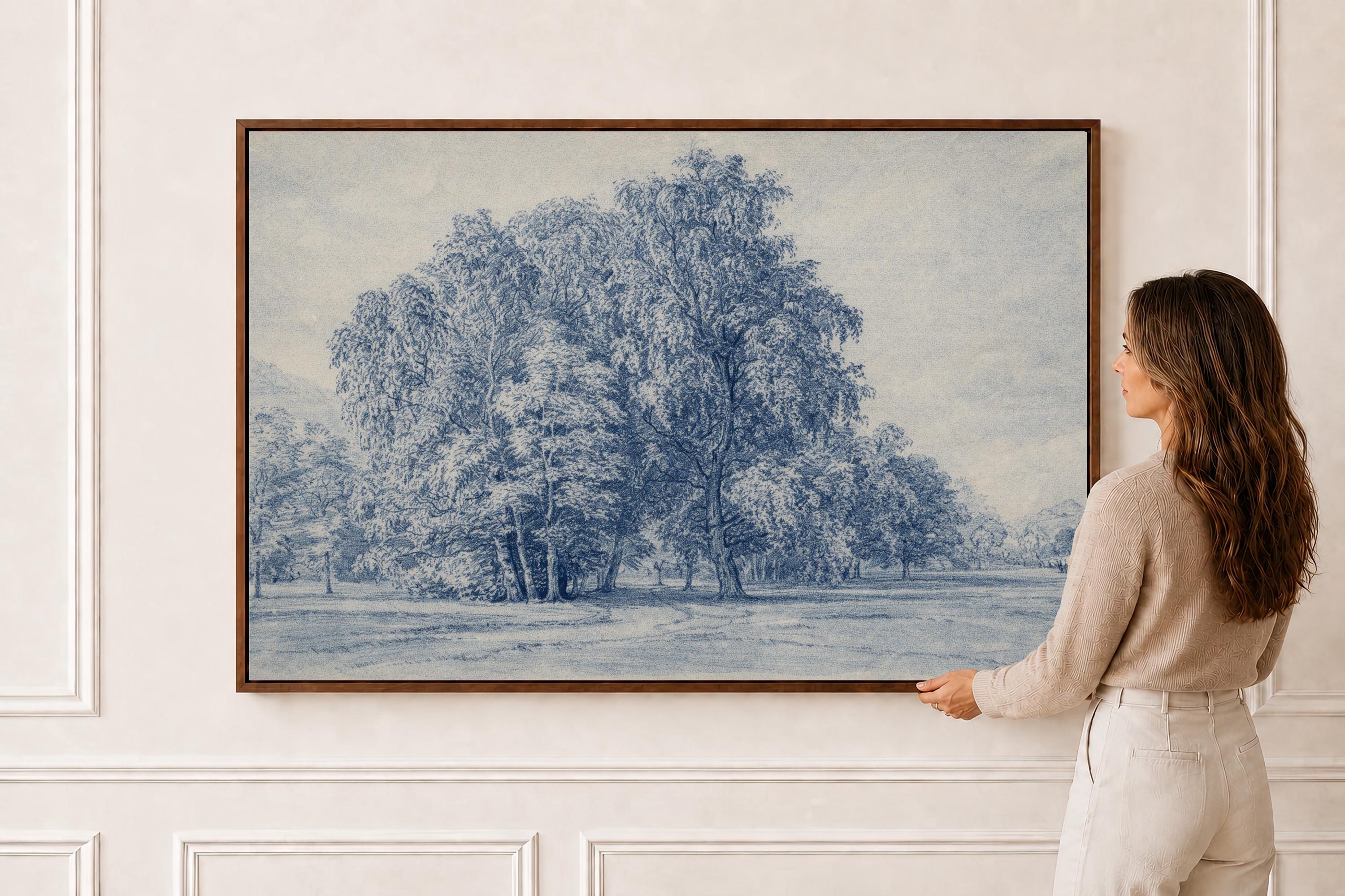 Blue Landscape Wall Art – French Country Tree Print, Farmhouse Decor