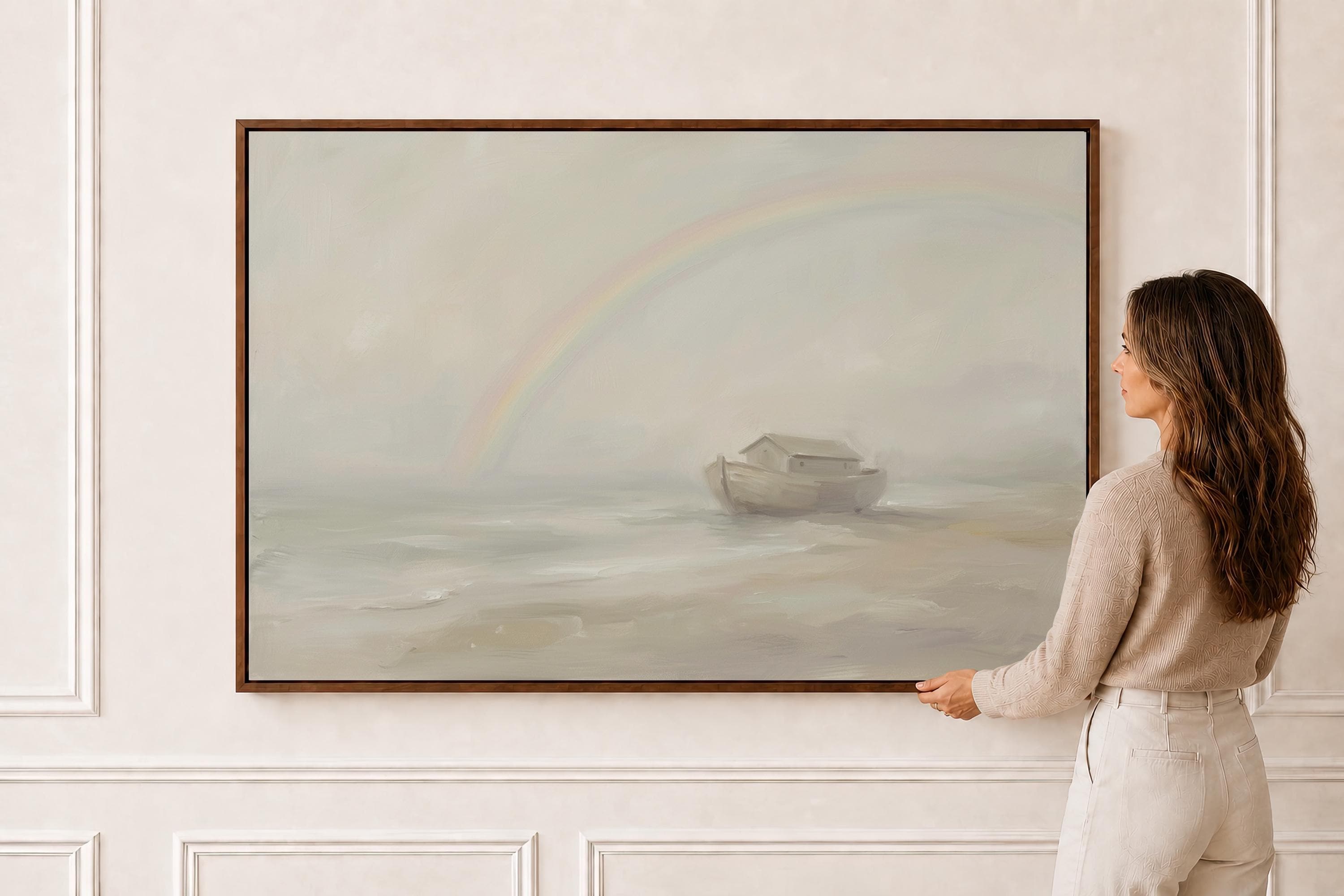 Noahs Ark Print | Noahs Ark Art | Ark Rainbow Soft Christian Wall Art Print | W0201