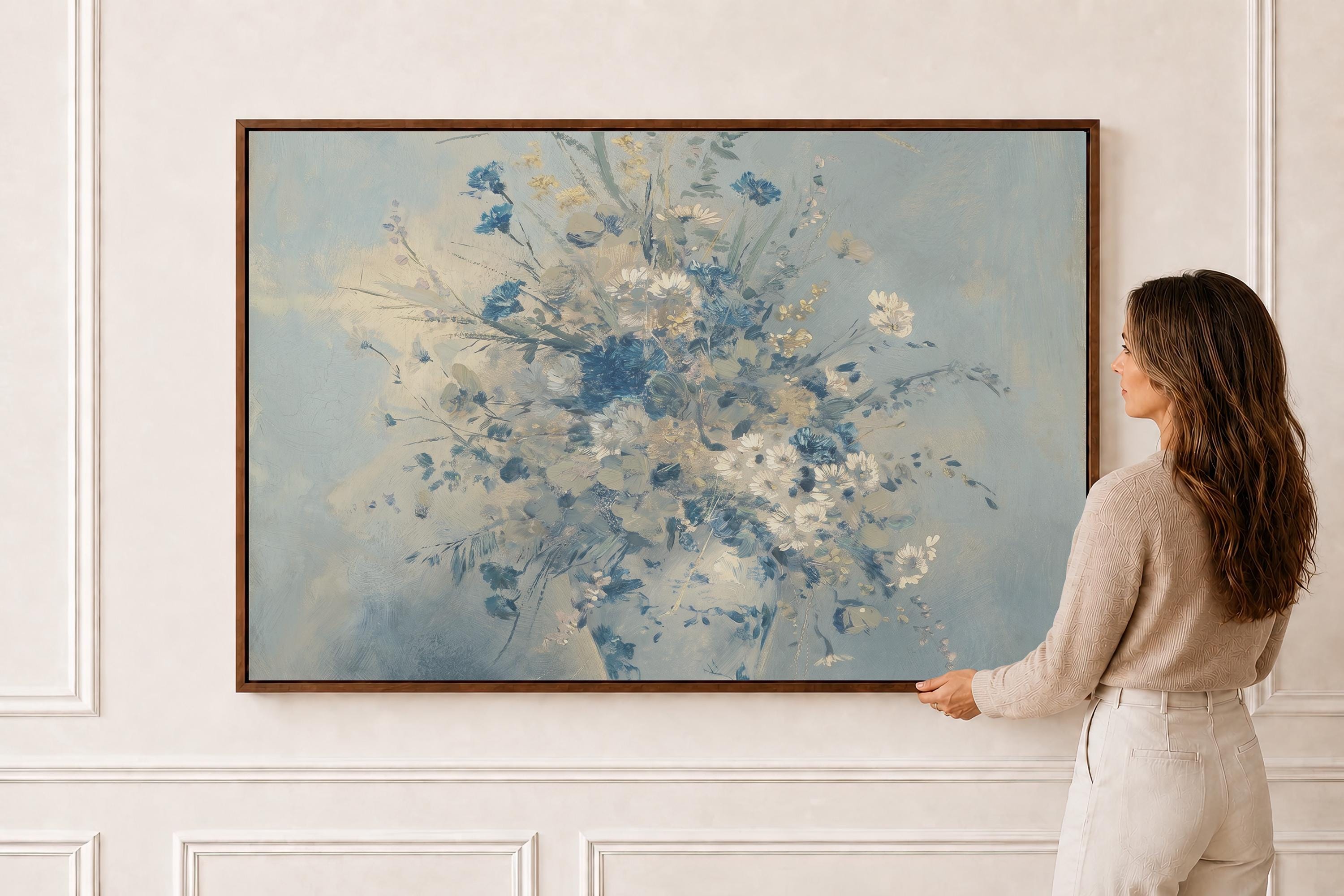 Blue Wildflower Painting Print | Soft Floral Bouquet Wall Art | Powder Blue Botanical Decor | Vintage Flower Painting | P0027