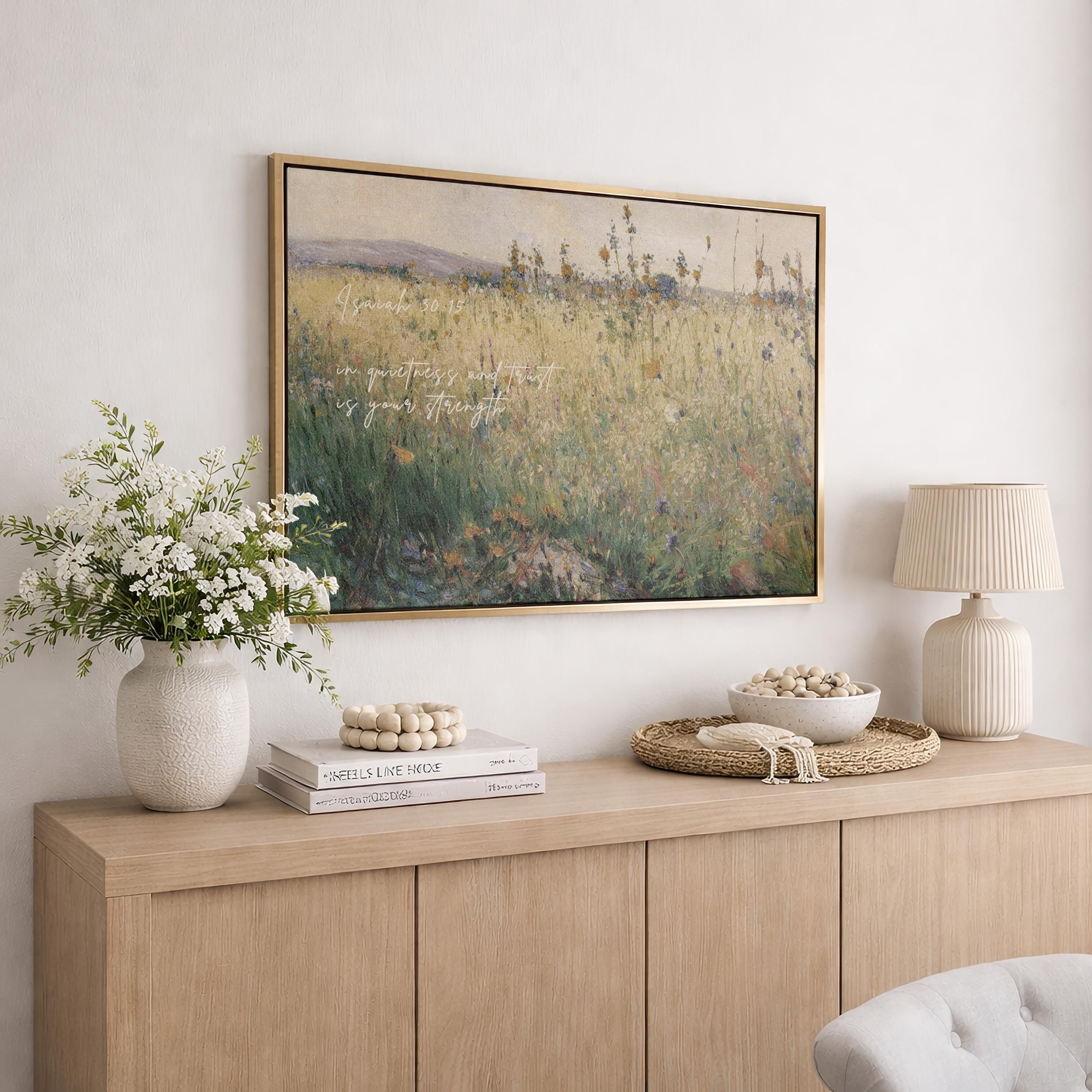 Wildflower Field Christian Wall Art Isaiah 30:15, In Quietness and Trust Is Your Strength, Vintage Floral Landscape Print