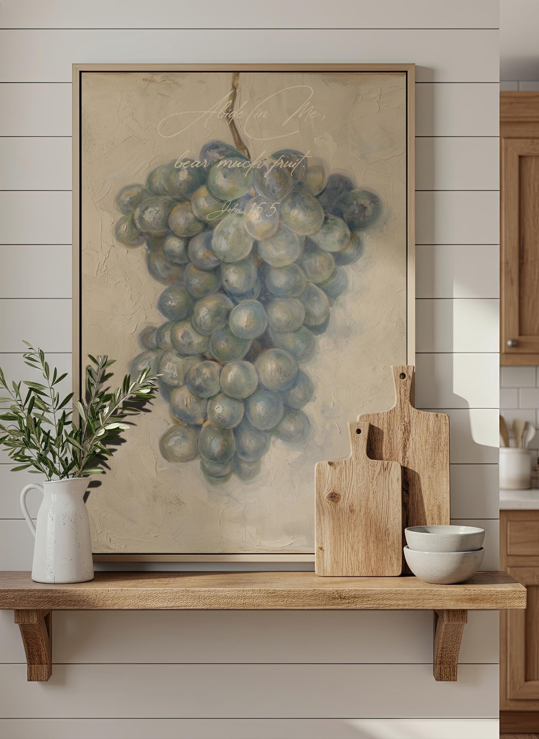 Abide in Me Christian Wall Art | John 15:5 Scripture Print | Grape Painting | Neutral Kitchen Decor | W0033