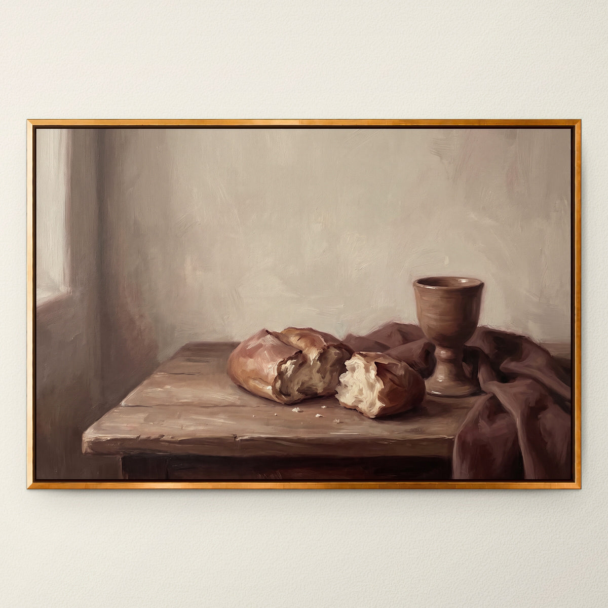 Bread and Cup by the Window wall art in a Gold floating frame