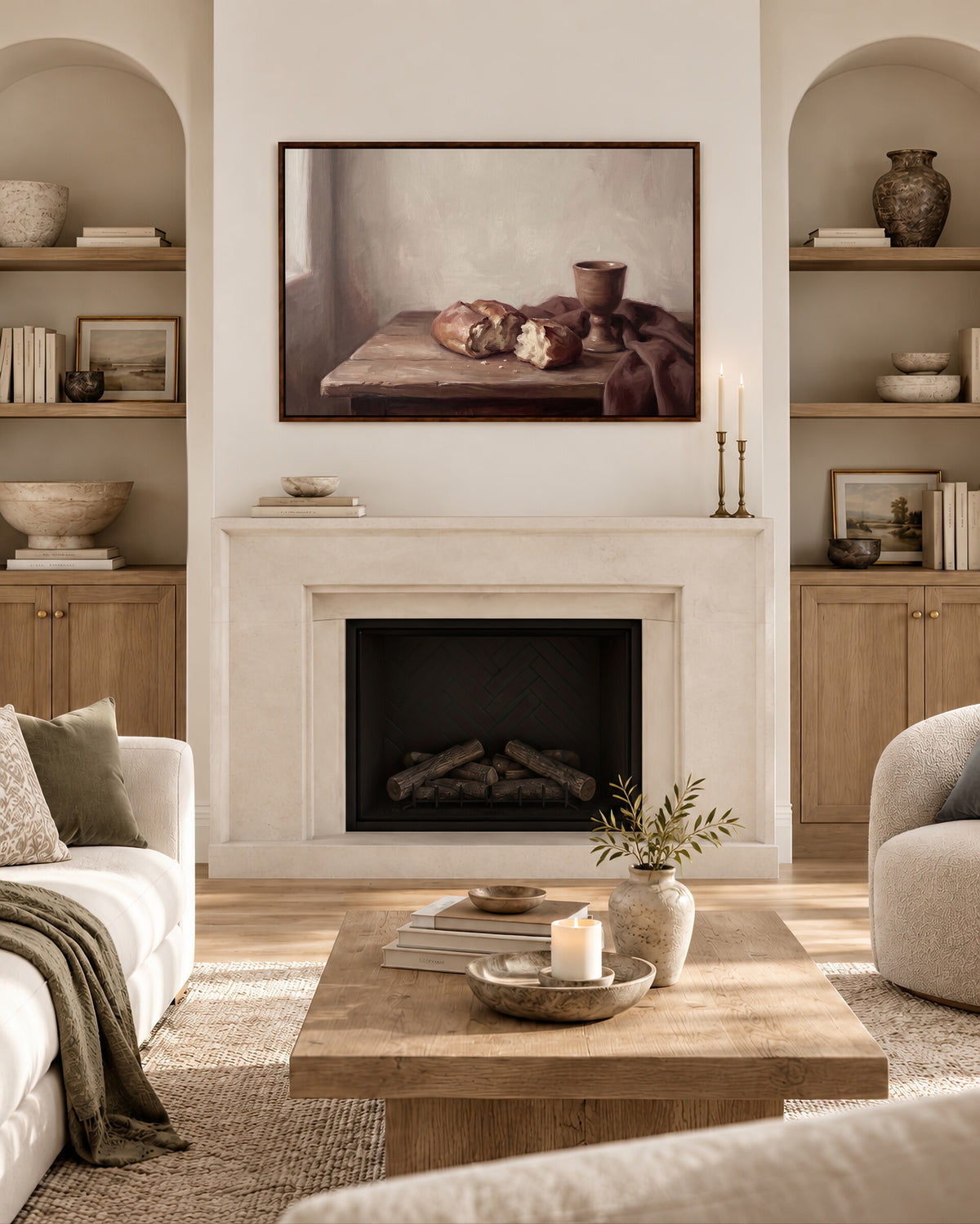 Bread and Cup by the Window framed wall art above a fireplace in a living room