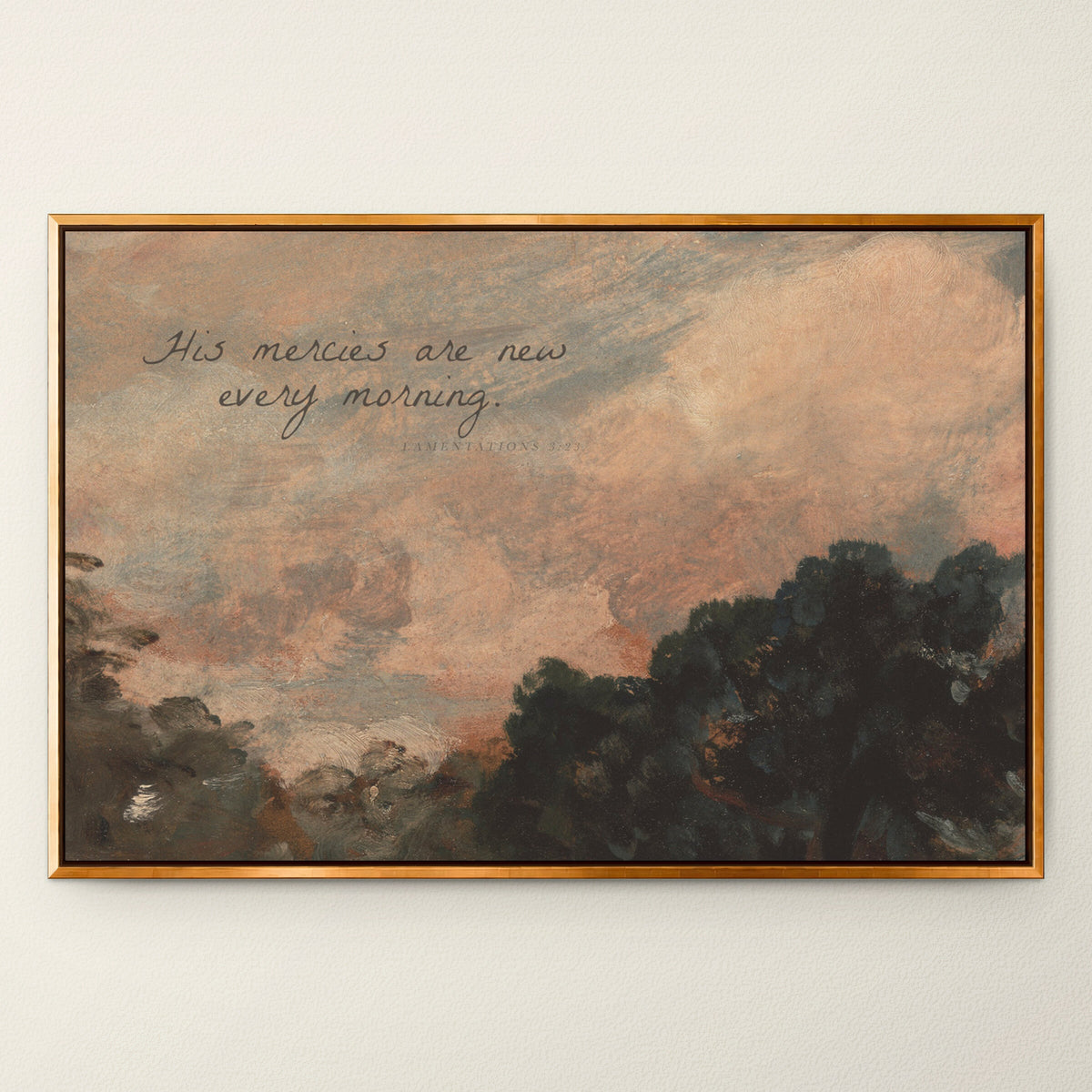 Mercies at Rose Sunrise wall art in a Gold floating frame