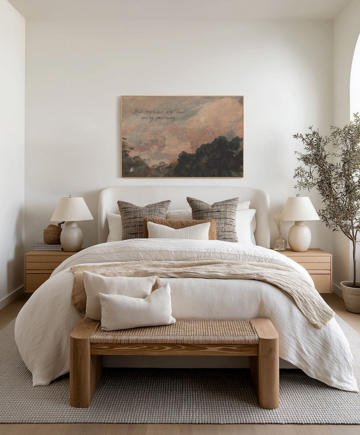 Mercies at Rose Sunrise framed wall art above the bed in a bright bedroom