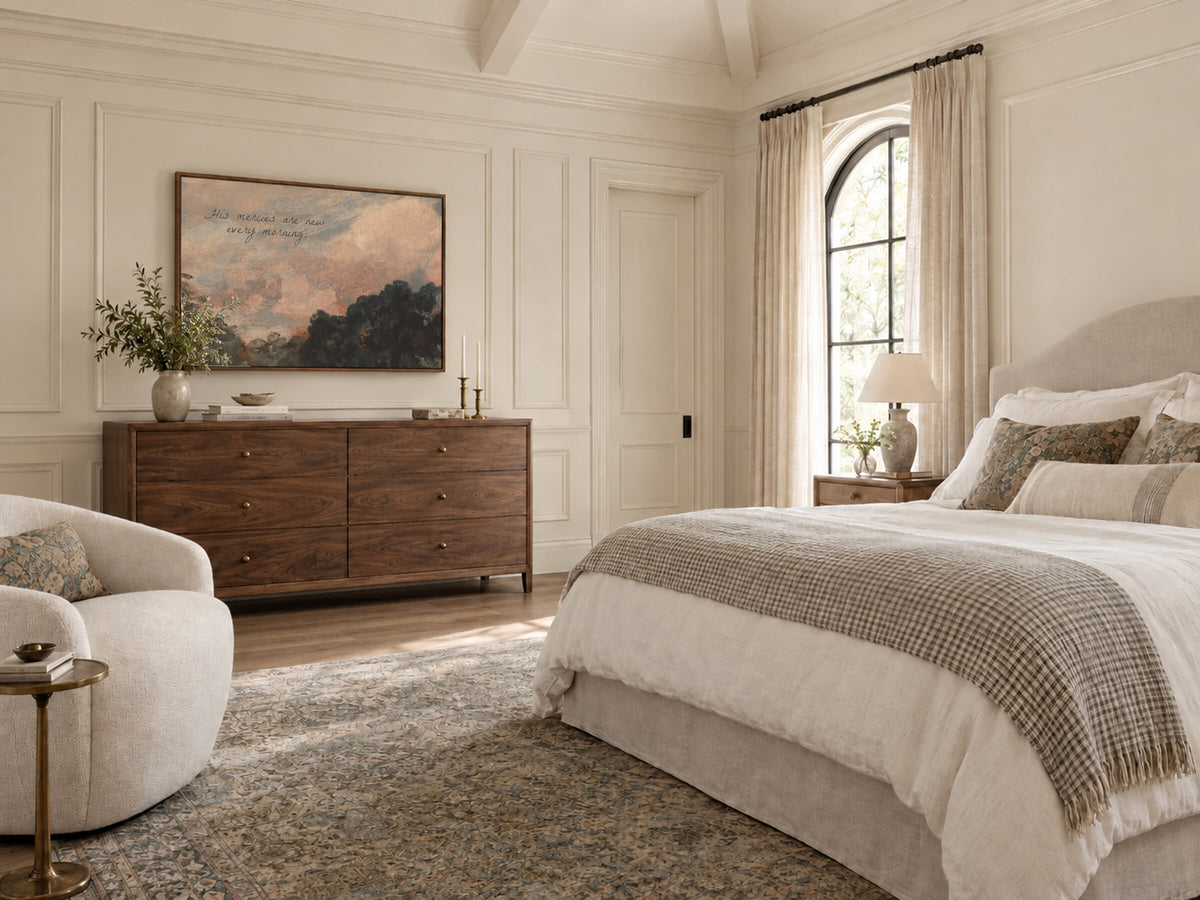 Mercies at Rose Sunrise framed wall art in a bedroom above a walnut dresser