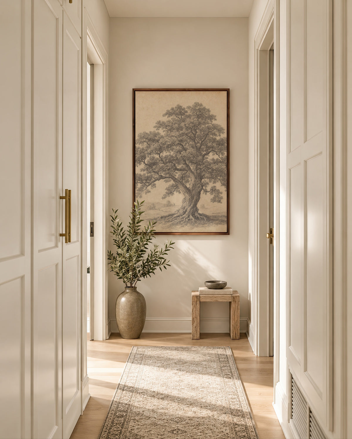 The Oak in Pencil framed wall art in a soft neutral hallway