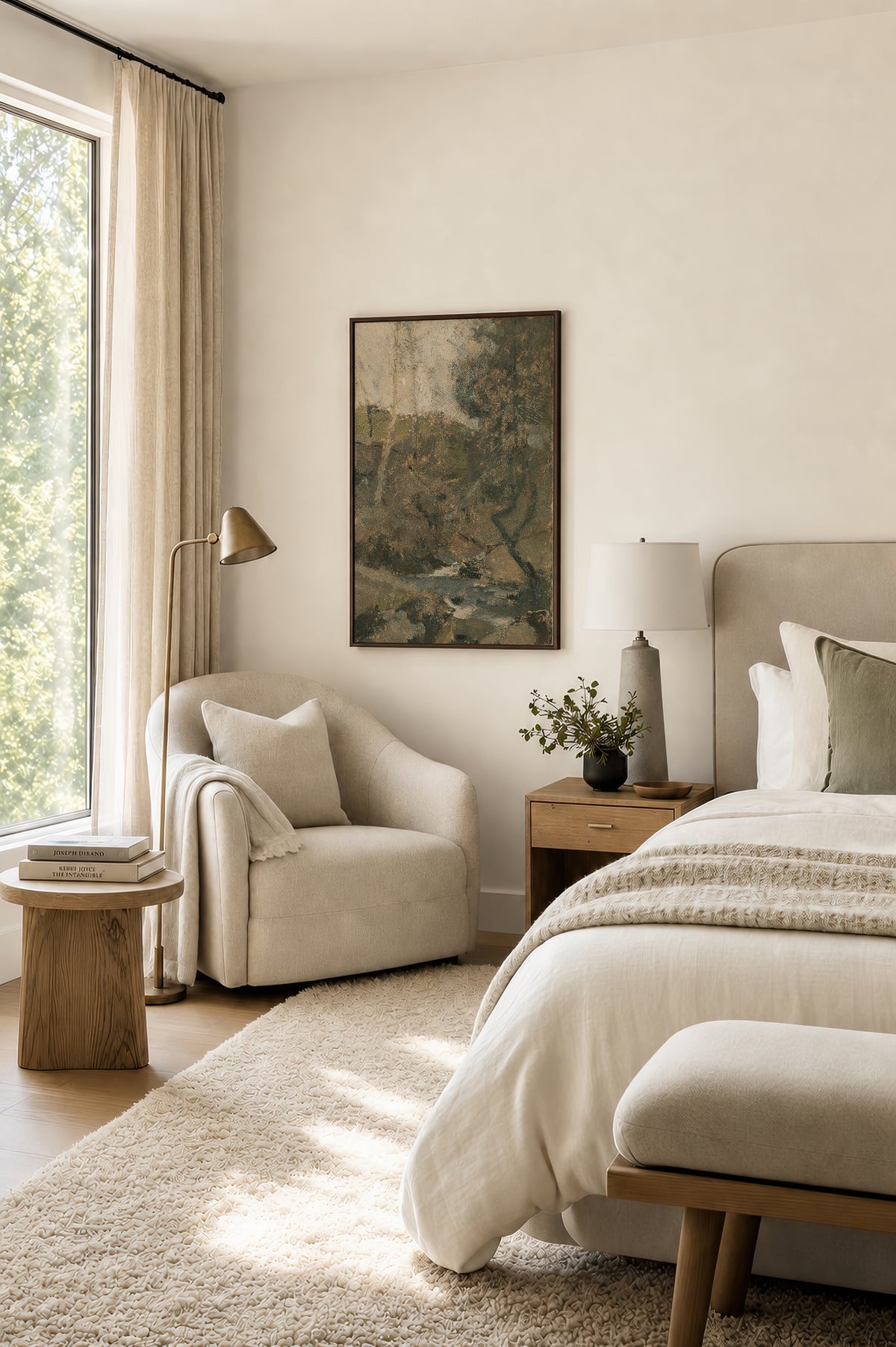 Living Water in the Autumn Ravine framed wall art in a bright bedroom beside the bed