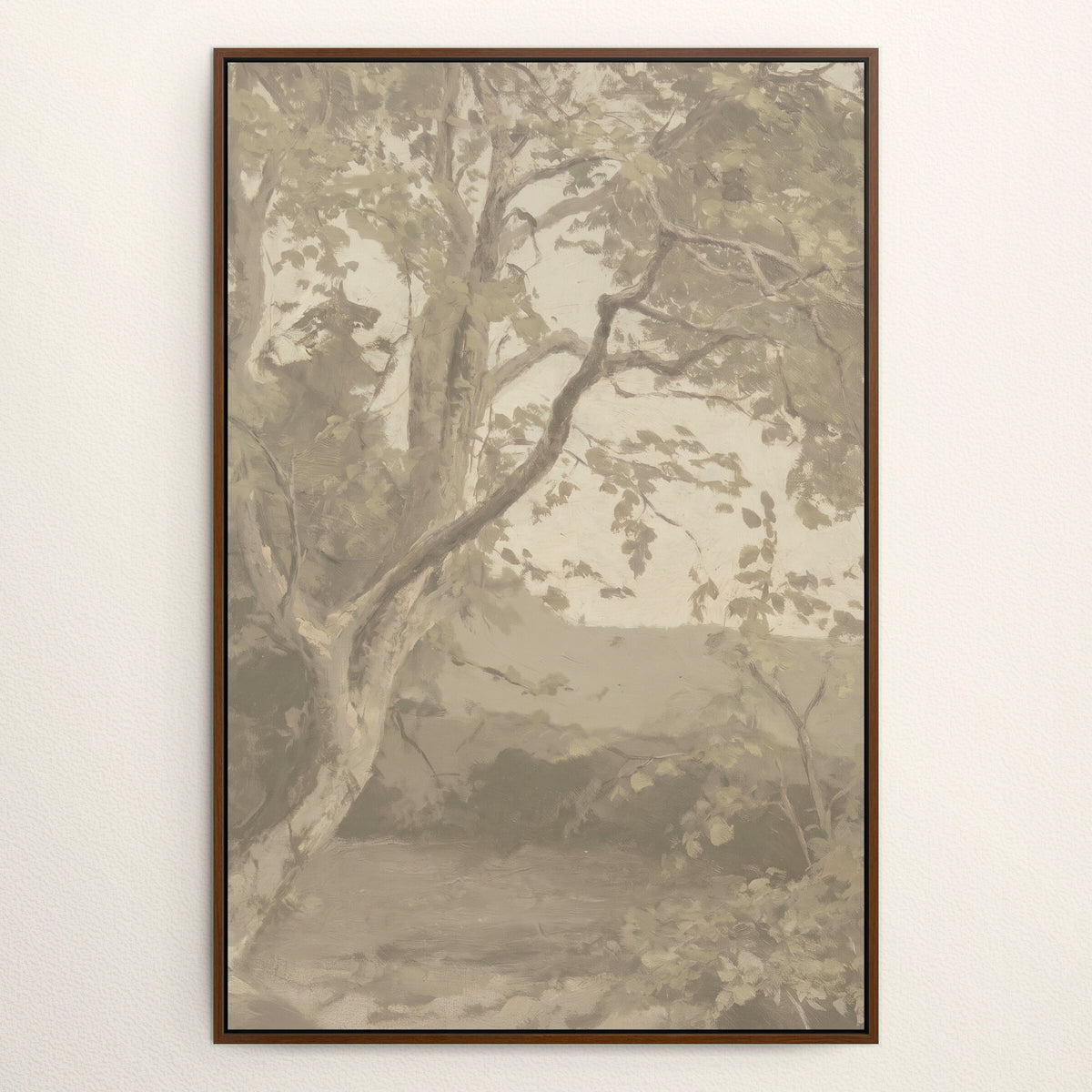 Greige Tree in Quiet Light in a dark brown frame