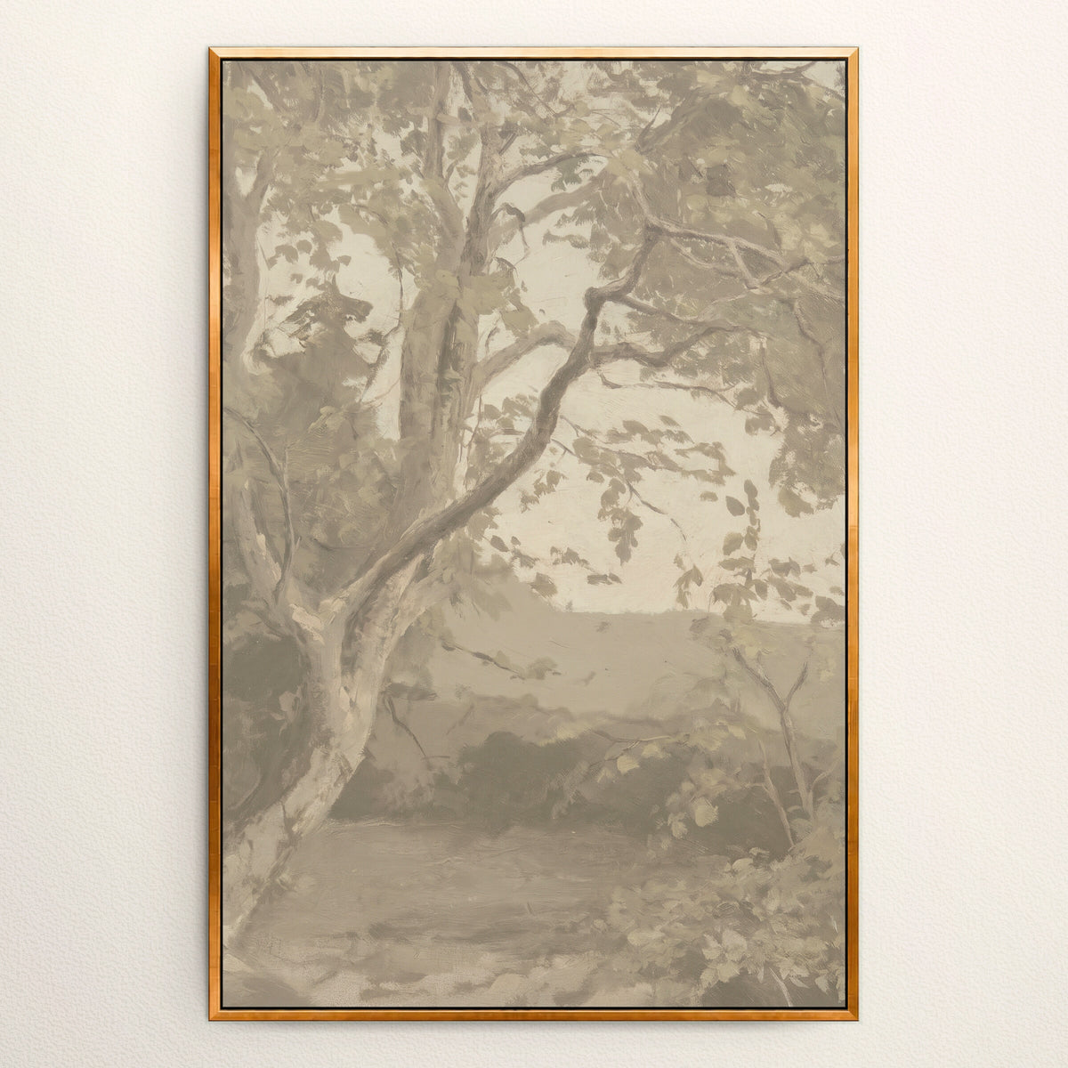 Greige Tree in Quiet Light wall art in a Gold floating frame