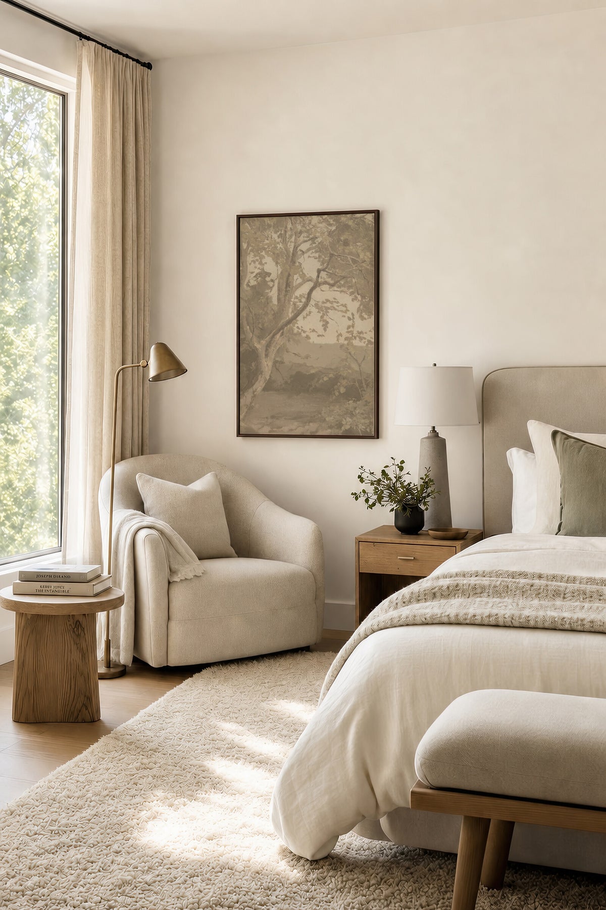 Greige Tree in Quiet Light framed wall art in a bright bedroom beside the bed