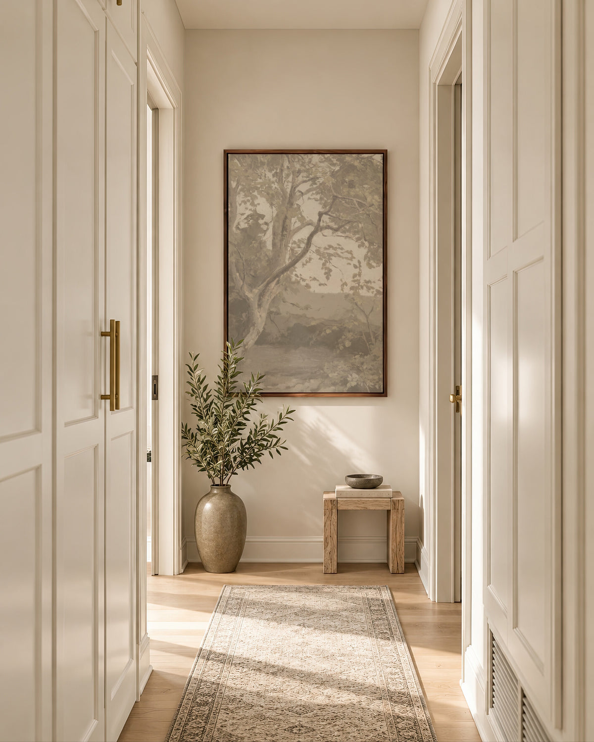 Greige Tree in Quiet Light framed wall art in a soft neutral hallway